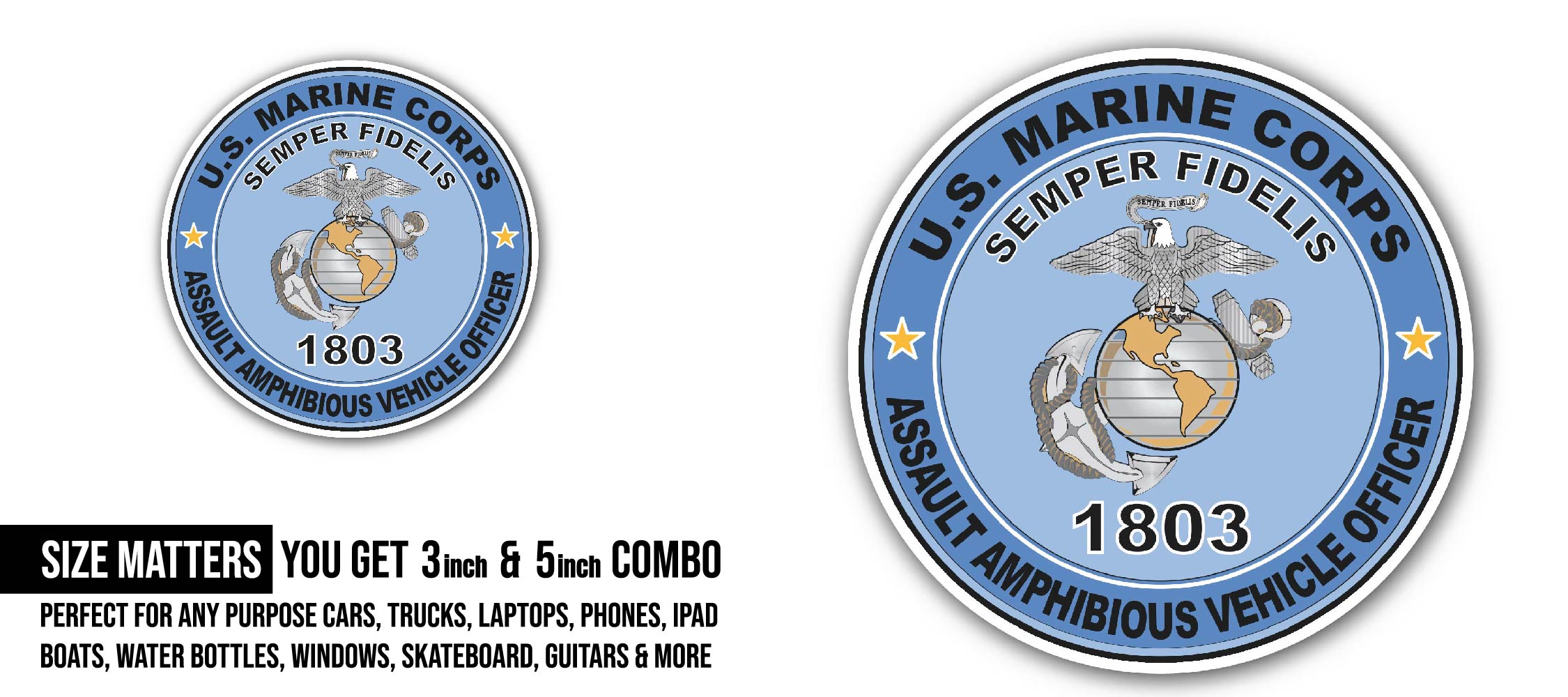 Assault Amphibious Vehicle Officer MOS 1803 U.S.M.C Military Sticker, Waterproof Vinyl Decal Sticker Indoor Or Outdoor 2 (Pieces) 3" and 5"