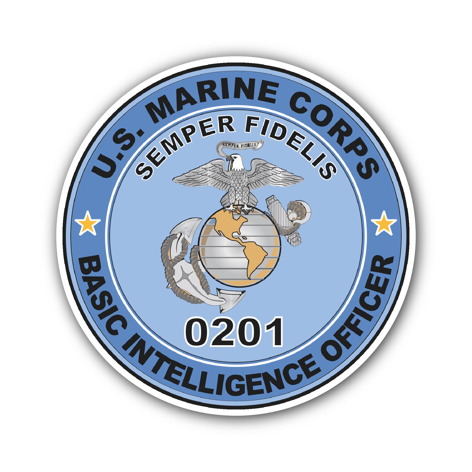 U.S.M.C. MOS 0201 Basic Intelligence Officer Sticker, Waterproof Vinyl Decal Sticker Indoor Or Outdoor 2 (Pieces) 3" and 5"
