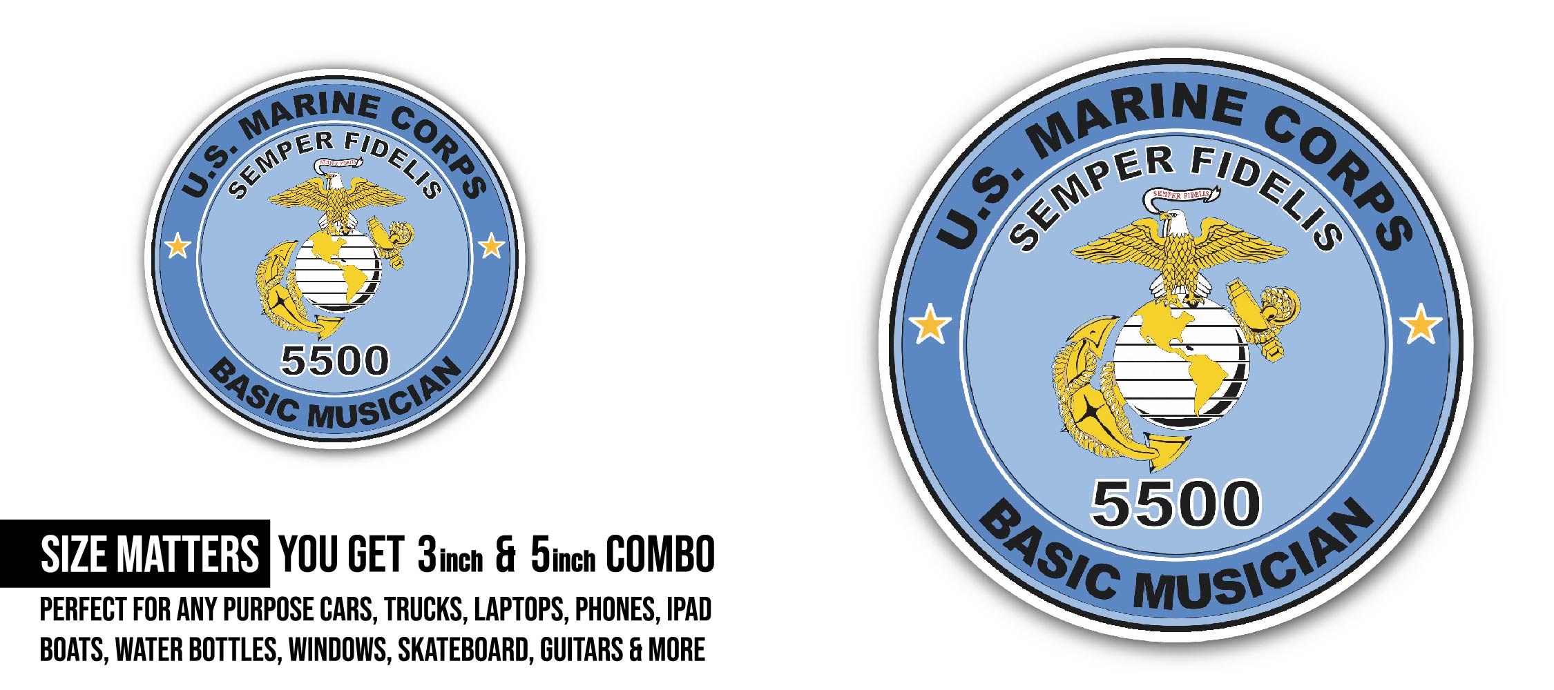 U.S.M.C. MOS 5500 Basic Musician Sticker, Waterproof Vinyl Decal Sticker Indoor Or Outdoor 2 (Pieces) 3" and 5"
