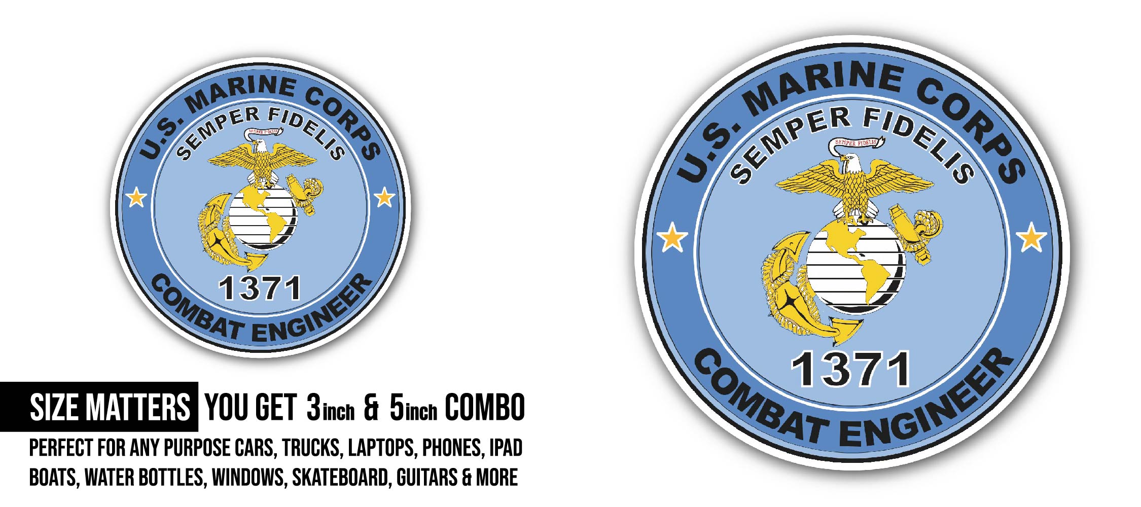 U.S.M.C. MOS 1371 Combat Engineer Sticker, Waterproof Vinyl Decal Sticker Indoor Or Outdoor 2 (Pieces) 3" and 5"