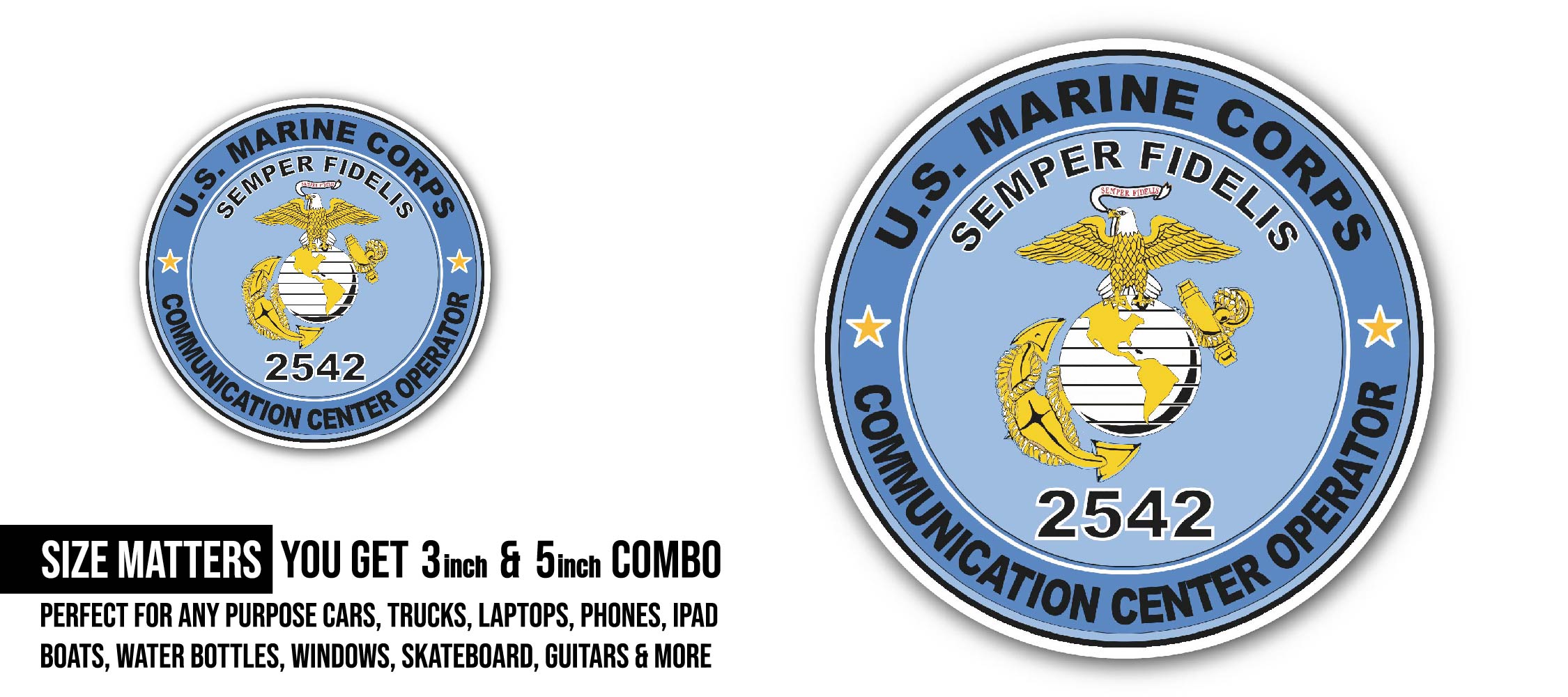U.S.M.C. MOS 2542 Communication Center Operator Sticker, Waterproof Vinyl Decal Sticker Indoor Or Outdoor 2 (Pieces) 3" and 5"