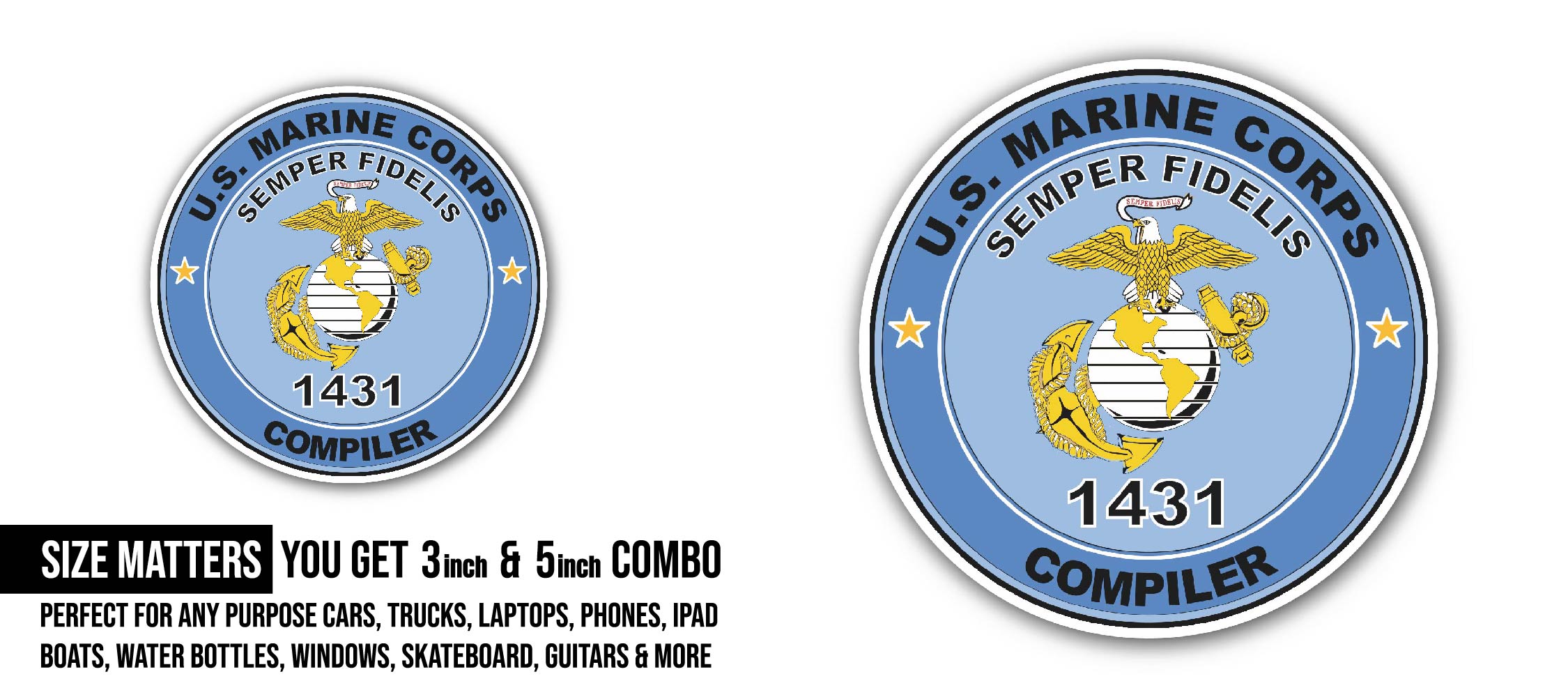 U.S.M.C. MOS 1431 Compiler Sticker, Waterproof Vinyl Decal Sticker Indoor Or Outdoor 2 (Pieces) 3" and 5"