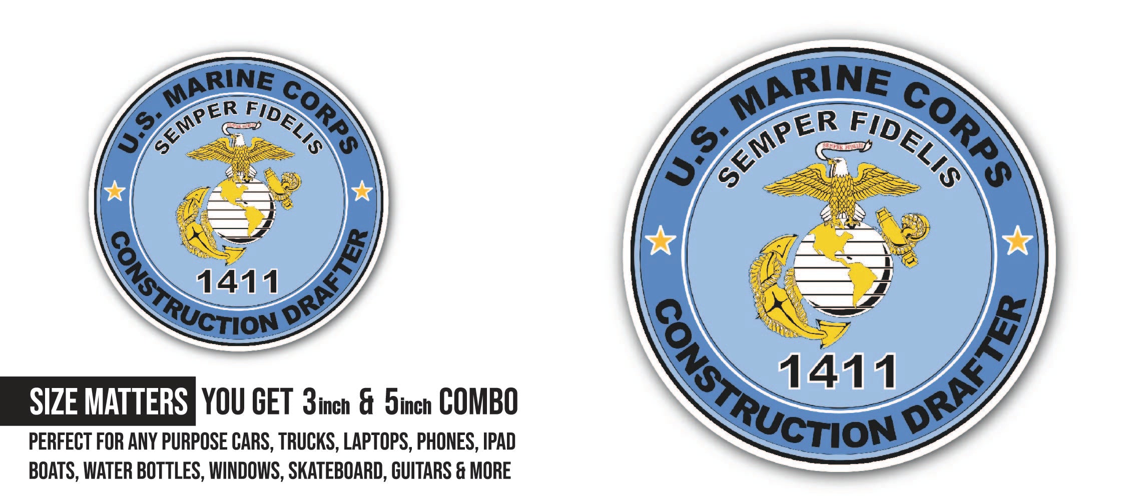 U.S.M.C. MOS 1411 Construction Drafter Sticker, Waterproof Vinyl Decal Sticker Indoor Or Outdoor 2 (Pieces) 3" and 5"