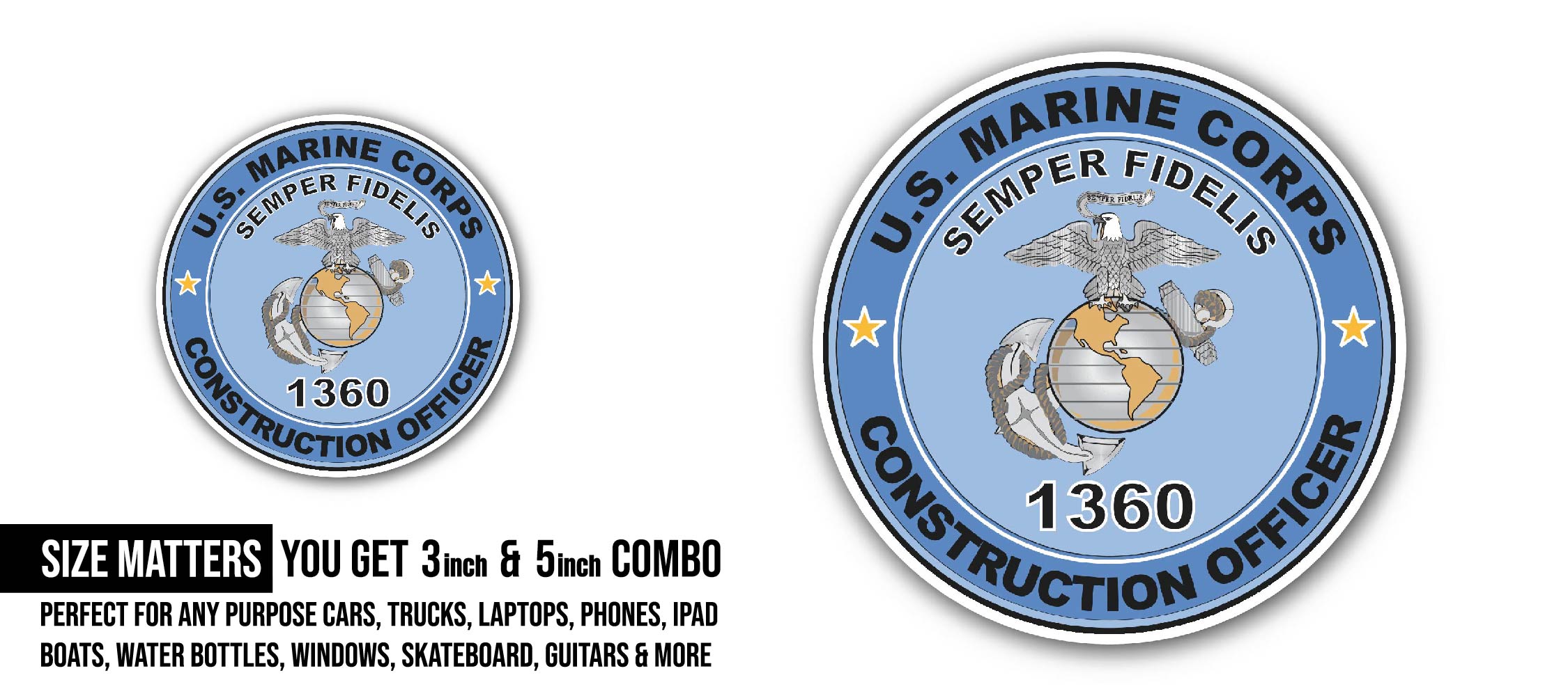 U.S.M.C. MOS 1360 Construction Officer Sticker, Waterproof Vinyl Decal Sticker Indoor Or Outdoor 2 (Pieces) 3" and 5"
