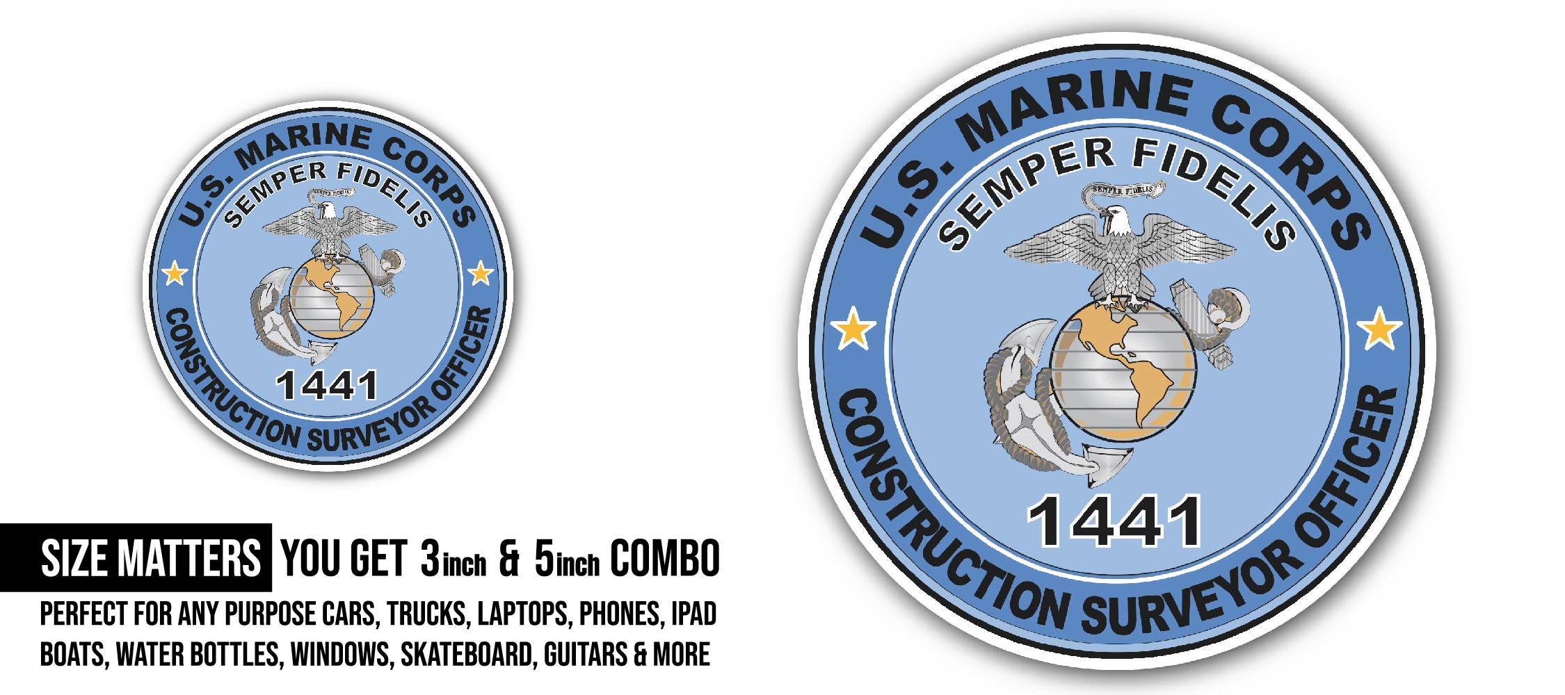 U.S.M.C. MOS 1441 Construction Surveyor Officer Sticker, Waterproof Vinyl Decal Sticker Indoor Or Outdoor 2 (Pieces) 3" and 5"