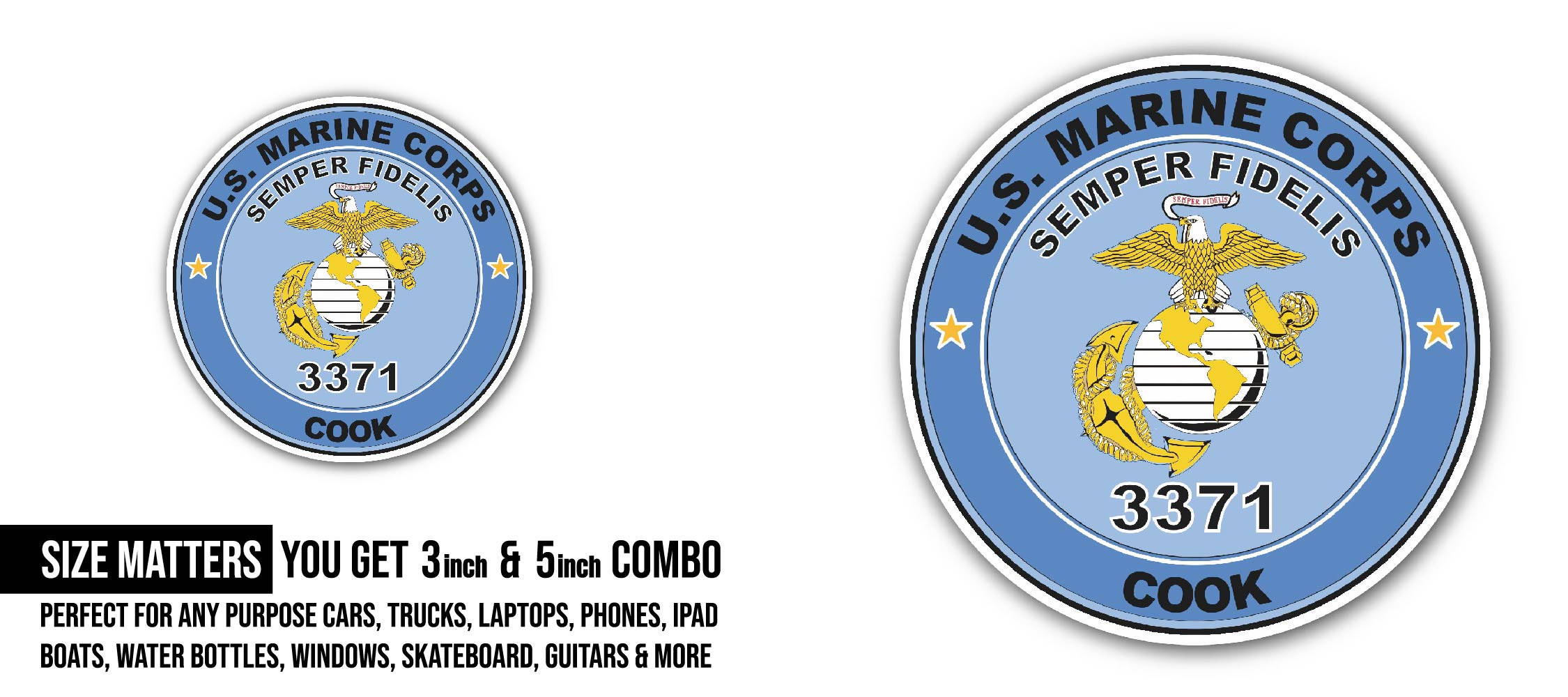 U.S.M.C. MOS 3371 Cook Sticker, Waterproof Vinyl Decal Sticker Indoor Or Outdoor 2 (Pieces) 3" and 5"