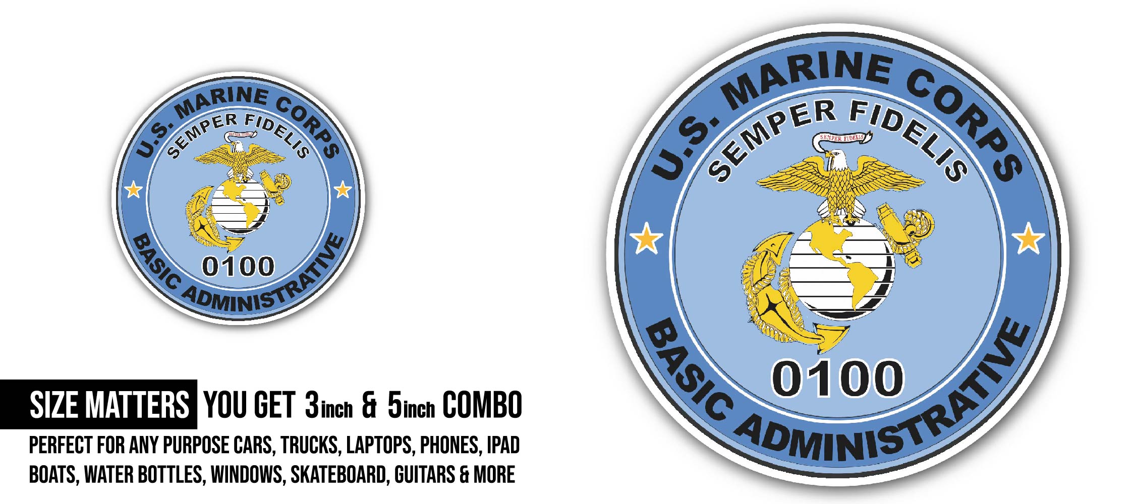 U.S.M.C. MOS 0100 Basic Administrative Sticker, Waterproof Vinyl Decal Sticker Indoor Or Outdoor 2 (Pieces) 3" and 5"