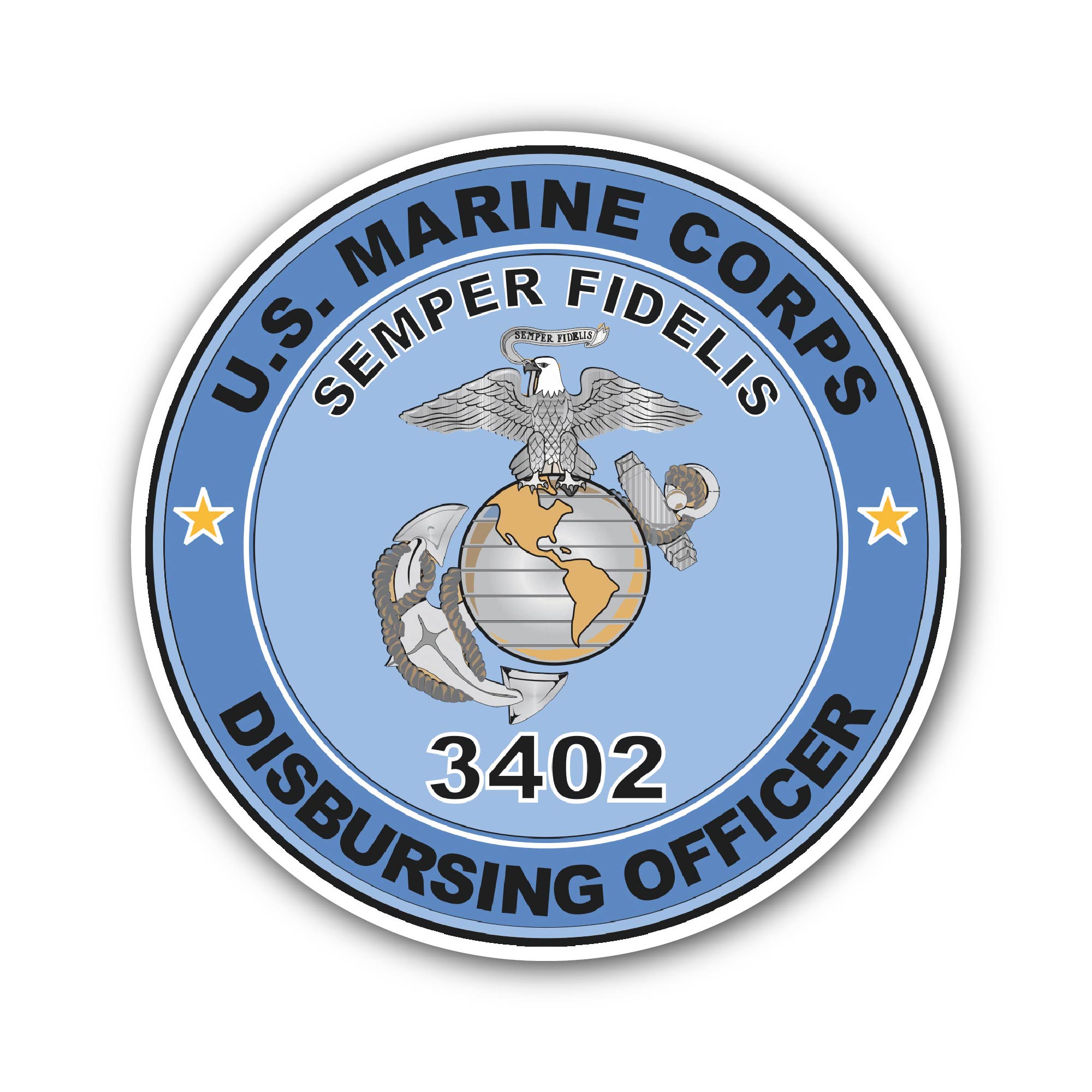 U.S.M.C. MOS 3402 Disbursing Officer Sticker, Waterproof Vinyl Decal Sticker Indoor Or Outdoor 2 (Pieces) 3" and 5"