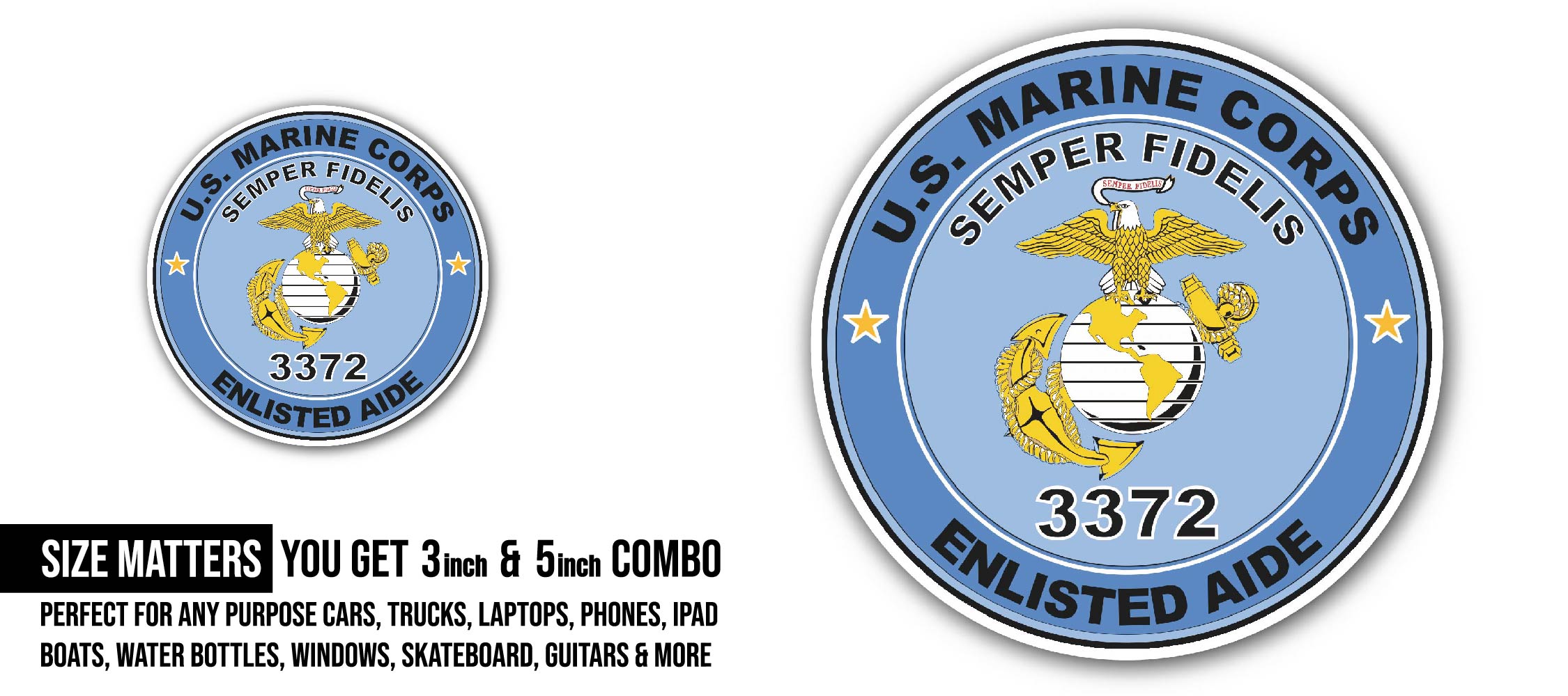 U.S.M.C. MOS 3372 Enlisted Aide Sticker, Waterproof Vinyl Decal Sticker Indoor Or Outdoor 2 (Pieces) 3" and 5"