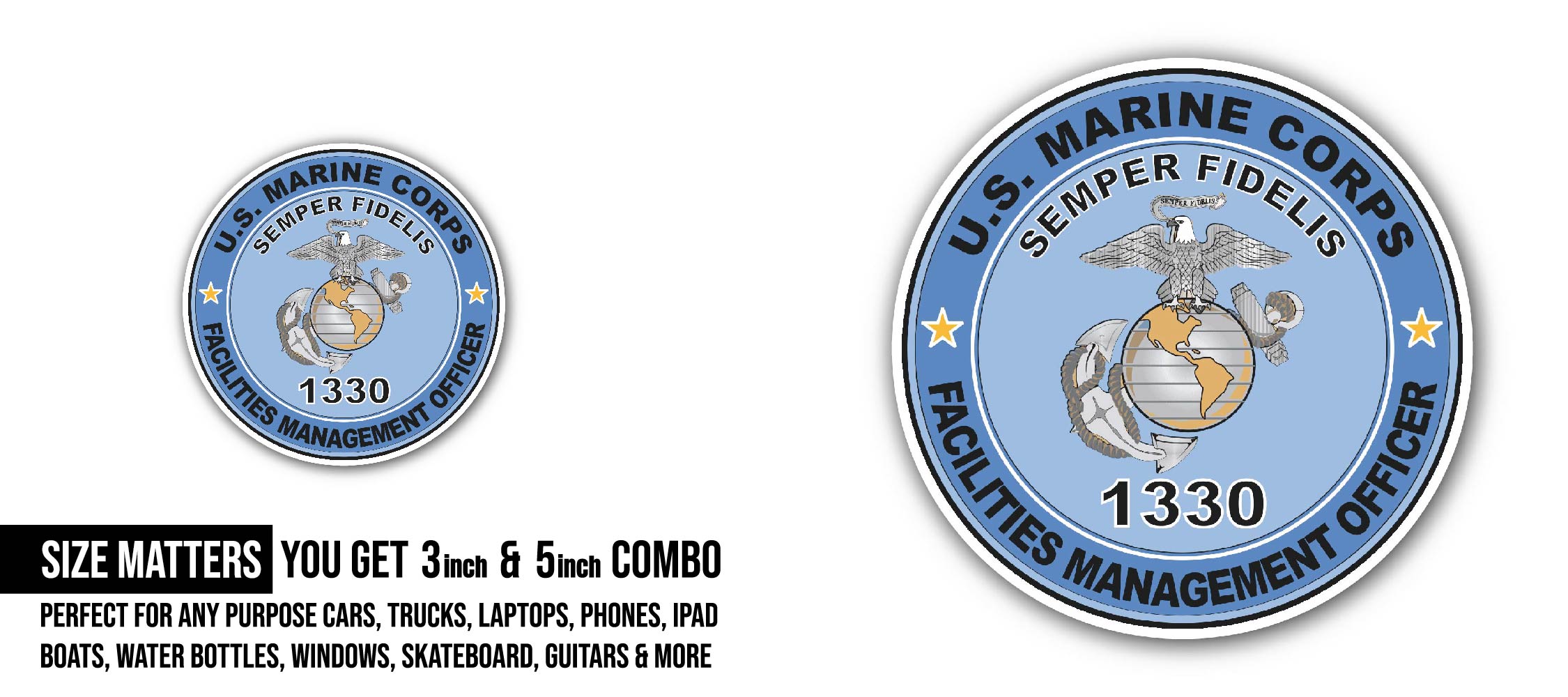 U.S.M.C. MOS 1330 Facilities Management Officer Sticker, Waterproof Vinyl Decal Sticker Indoor Or Outdoor 2 (Pieces) 3" and 5"