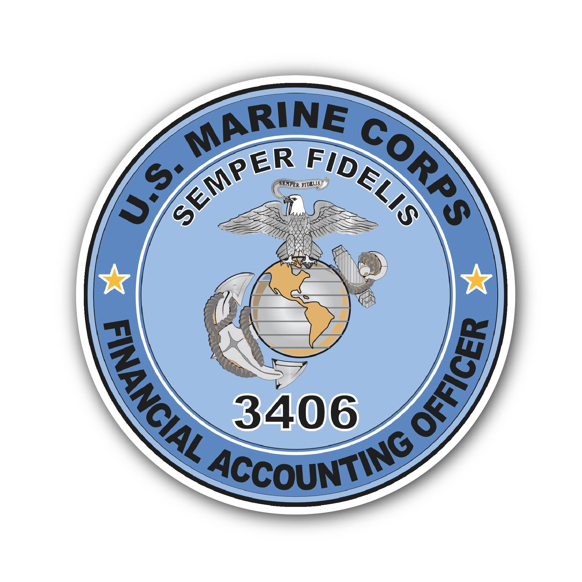 U.S.M.C. MOS 3406 Financial Accounting Officer Sticker, Waterproof Vinyl Decal Sticker Indoor Or Outdoor 2 (Pieces) 3" and 5"