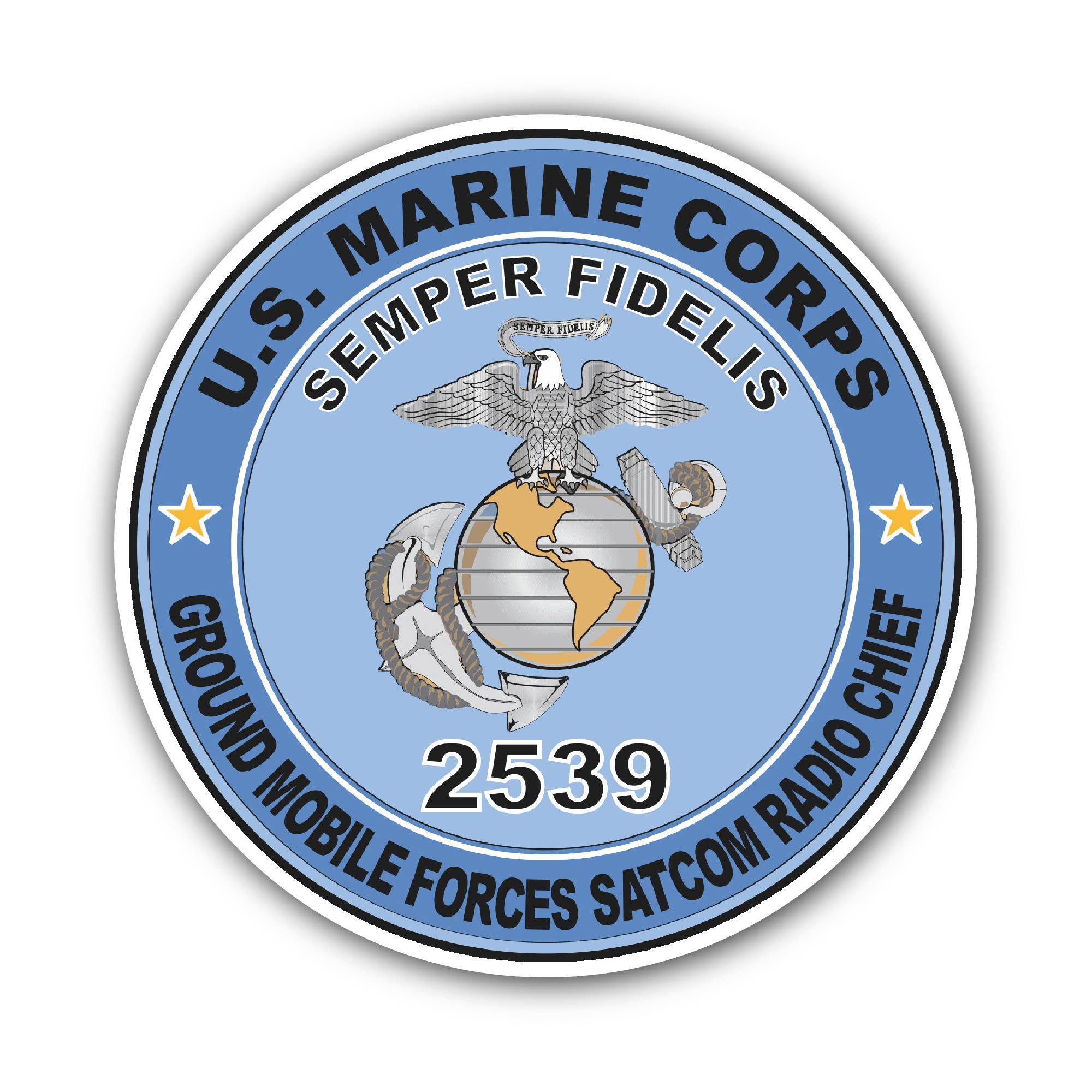 U.S.M.C. MOS 2539 Ground Mobile Forces SATCOM Radio Chief Sticker, Waterproof Vinyl Decal Sticker Indoor Or Outdoor 2 (Pieces) 3" and 5"
