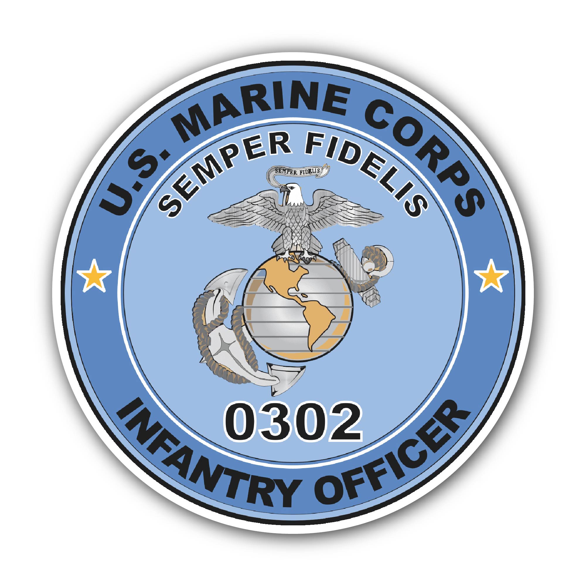 U.S.M.C. MOS 0302 Infantry Officer Sticker, Waterproof Vinyl Decal Sticker Indoor Or Outdoor 2 (Pieces) 3" and 5"