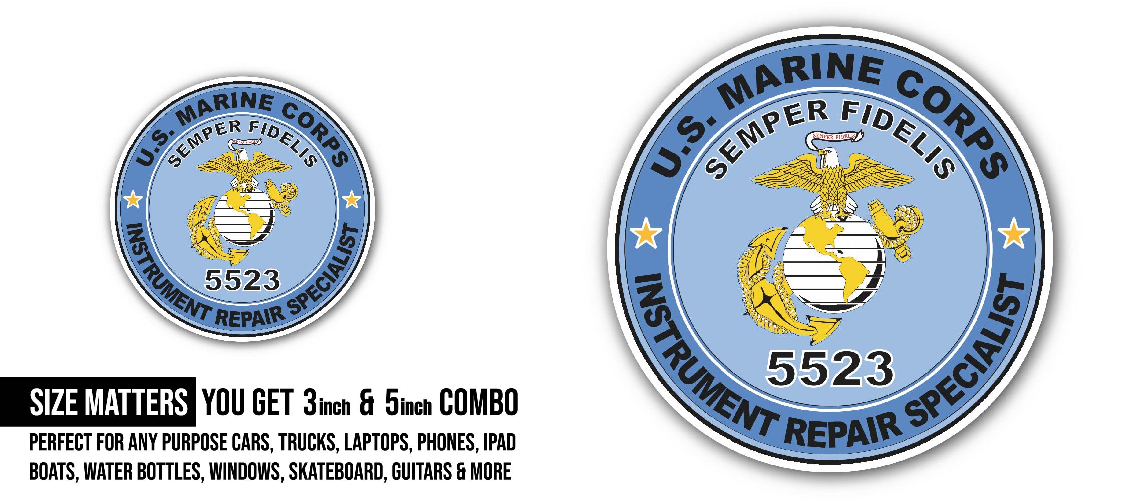 U.S.M.C. MOS 5523 Instrument Repair Specialist Sticker, Waterproof Vinyl Decal Sticker Indoor Or Outdoor 2 (Pieces) 3" and 5"