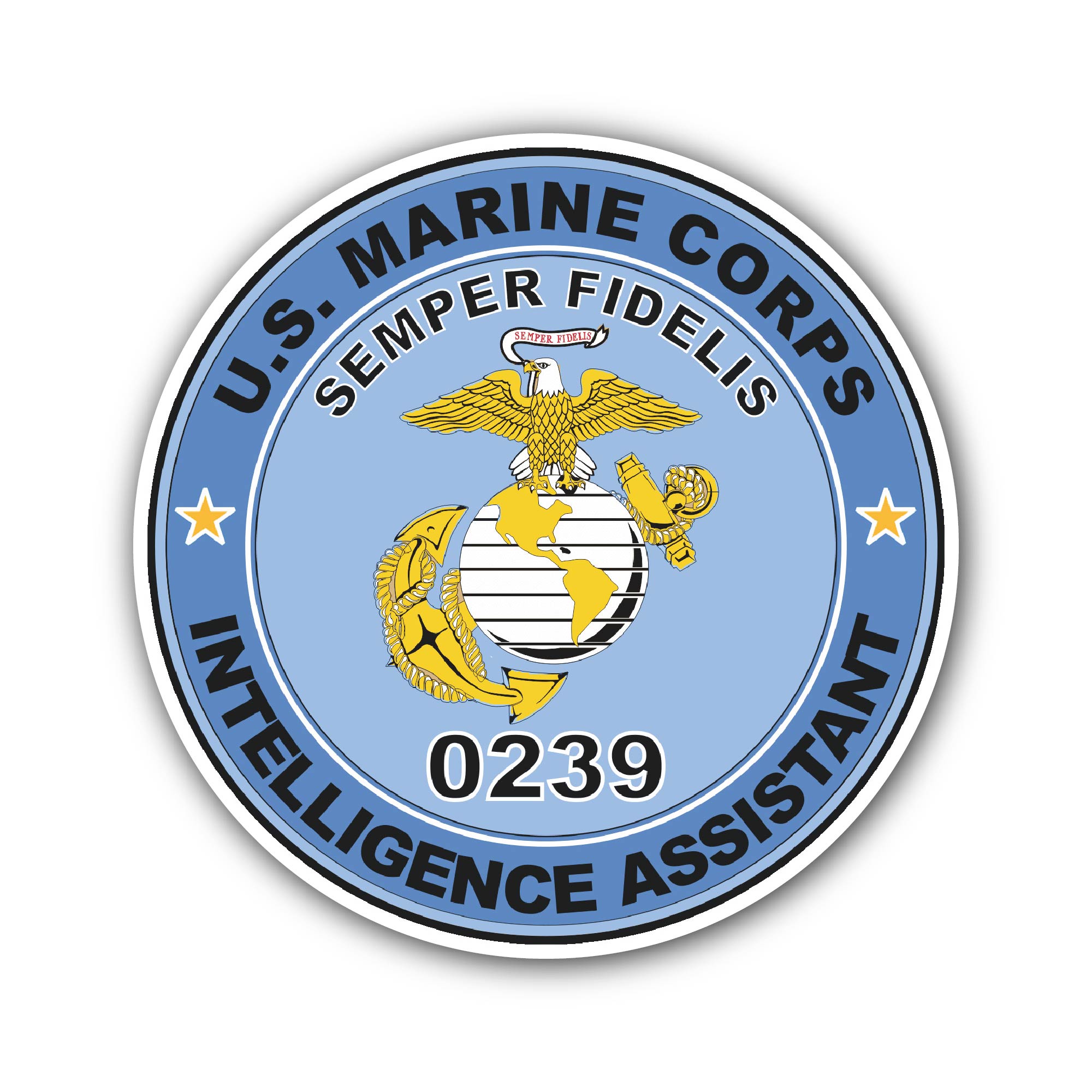 U.S.M.C. MOS 0239 Intelligence Assistant Sticker, Waterproof Vinyl Decal Sticker Indoor Or Outdoor 2 (Pieces) 3" and 5"