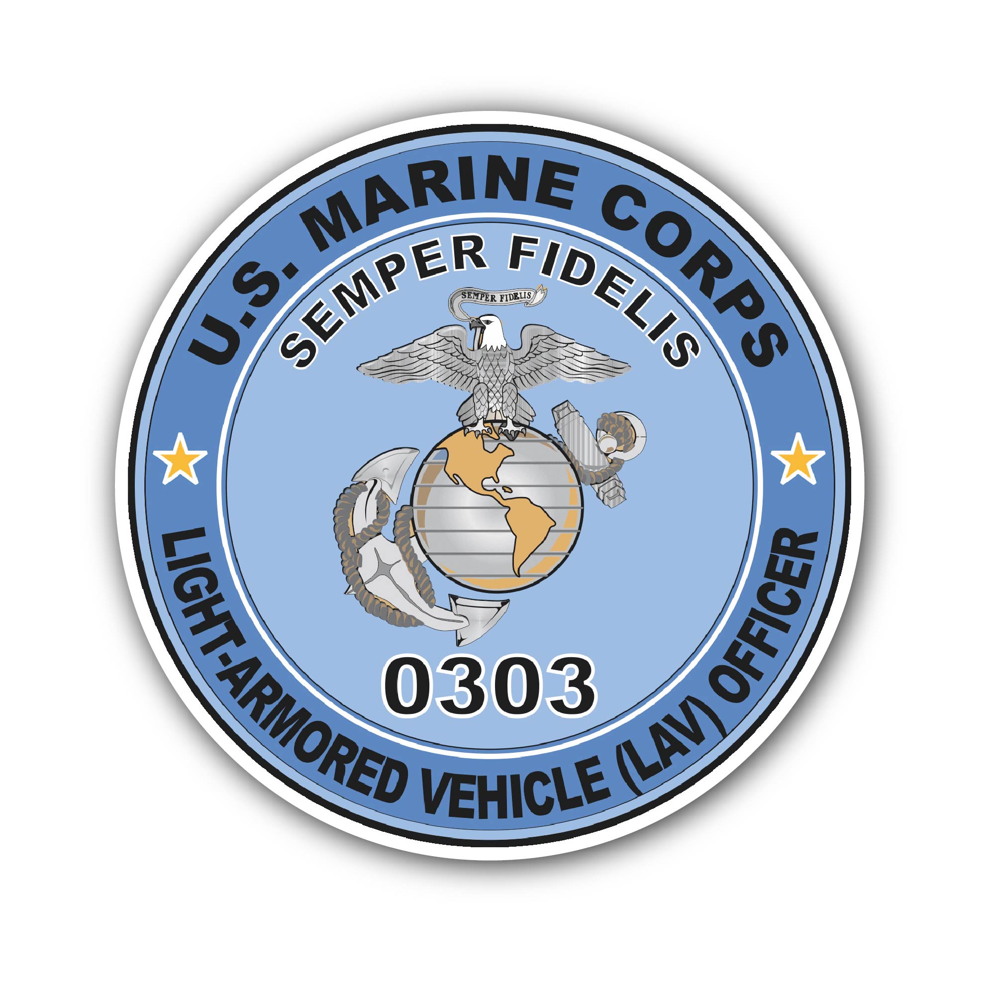 U.S.M.C. MOS 0303 Light-Armored Vehicle (LAV) Officer Sticker, Waterproof Vinyl Decal Sticker Indoor Or Outdoor 2 (Pieces) 3" and 5"