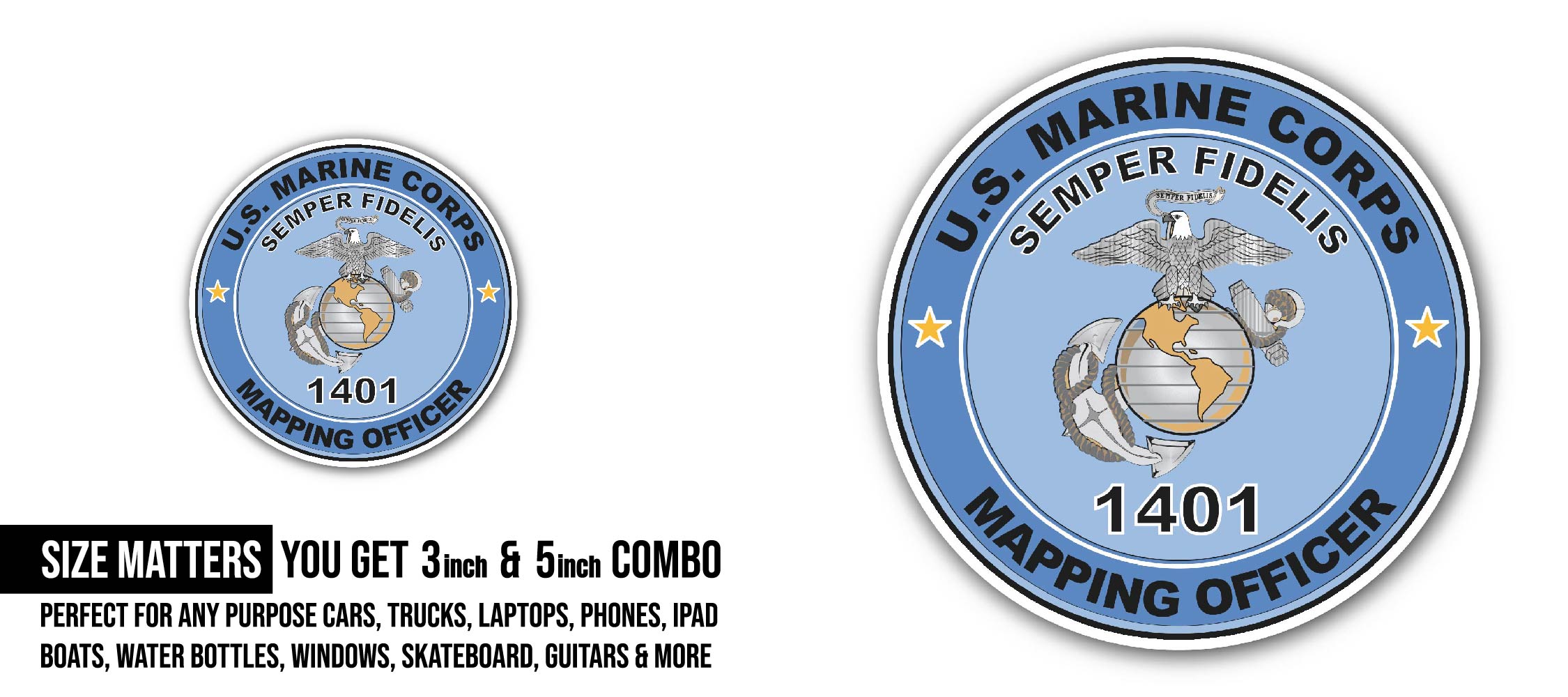 U.S.M.C. MOS 1401 Mapping Officer Sticker, Waterproof Vinyl Decal Sticker Indoor Or Outdoor 2 (Pieces) 3" and 5"