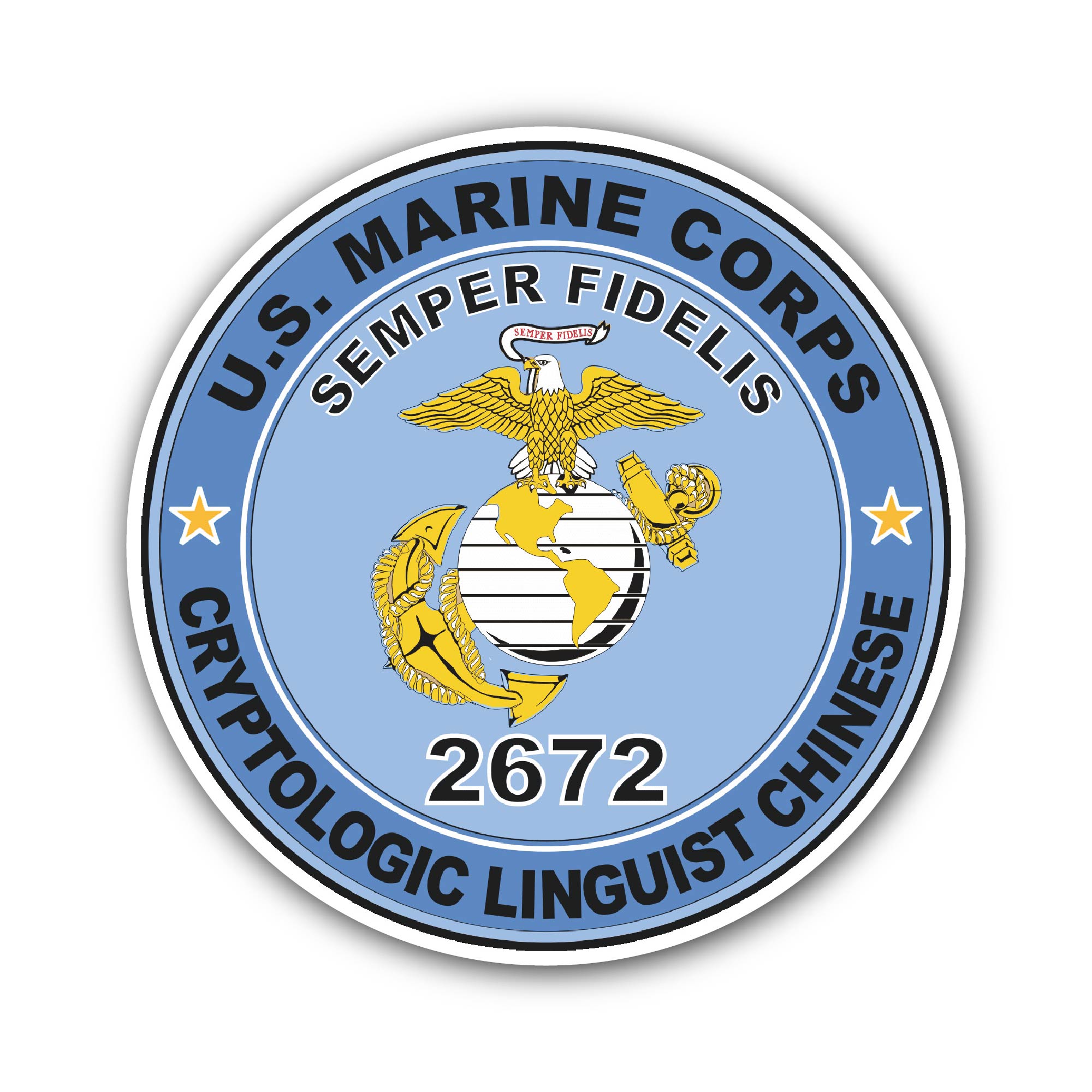 U.S.M.C. MOS 2672 Cryptologic Linguist Chinese Sticker, Waterproof Vinyl Decal Sticker Indoor Or Outdoor 2 (Pieces) 3" and 5"