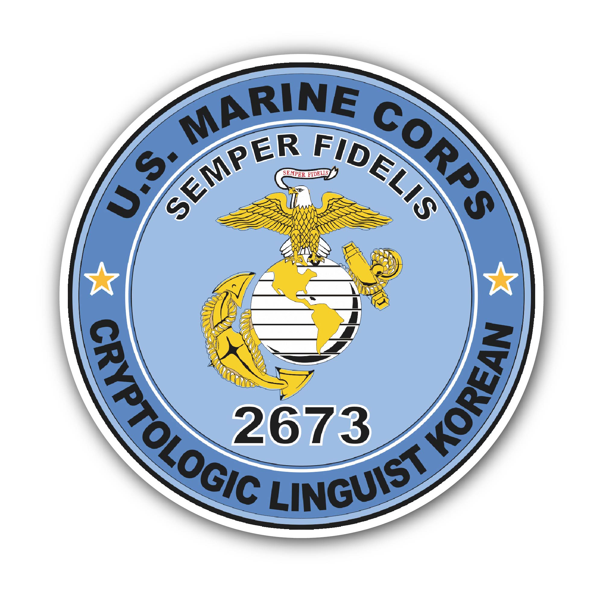 U.S.M.C. MOS 2673 Cryptologic Linguist Korean Sticker, Waterproof Vinyl Decal Sticker Indoor Or Outdoor 2 (Pieces) 3" and 5"