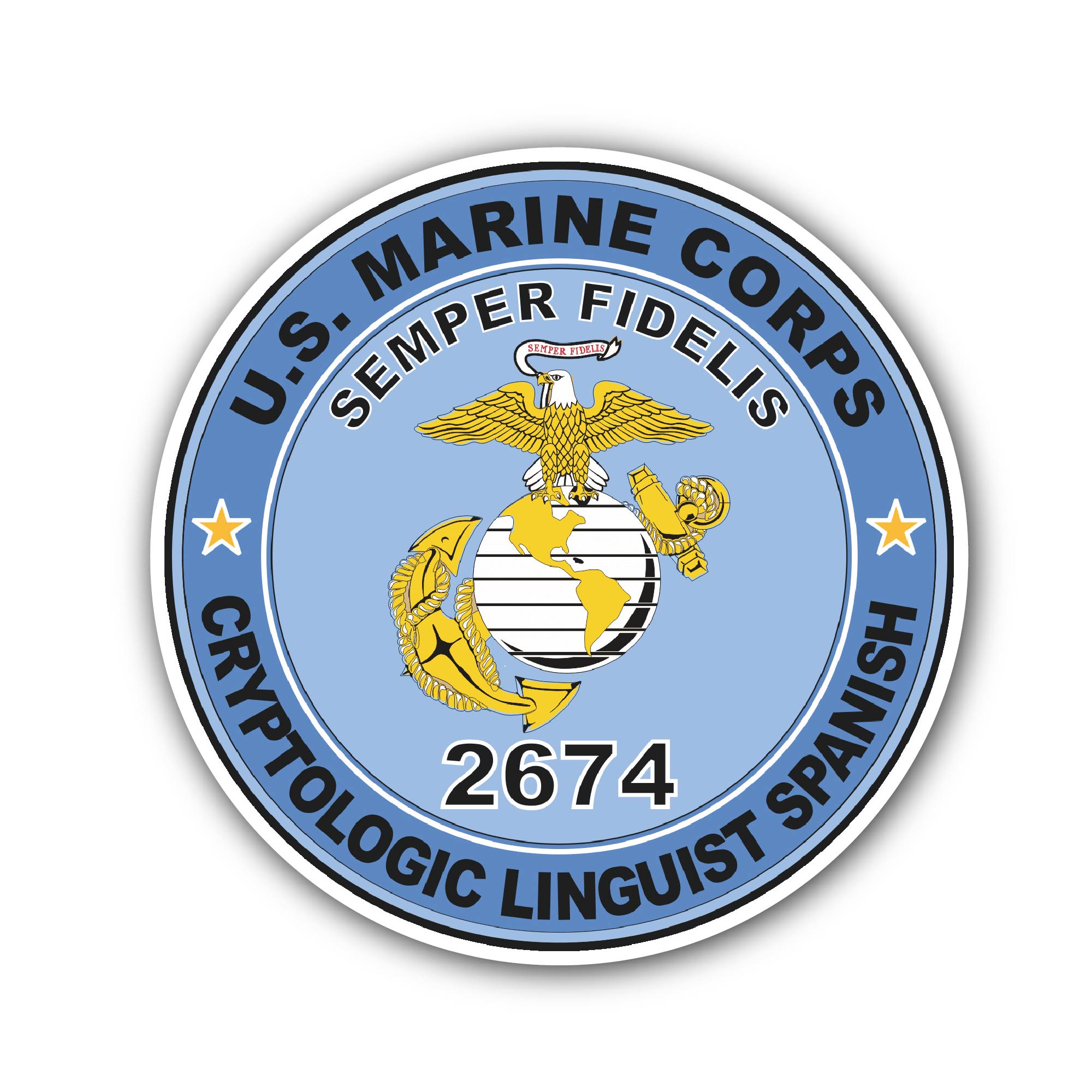 U.S.M.C. MOS 2674 Cryptologic Linguist Spanish Sticker, Waterproof Vinyl Decal Sticker Indoor Or Outdoor 2 (Pieces) 3" and 5"