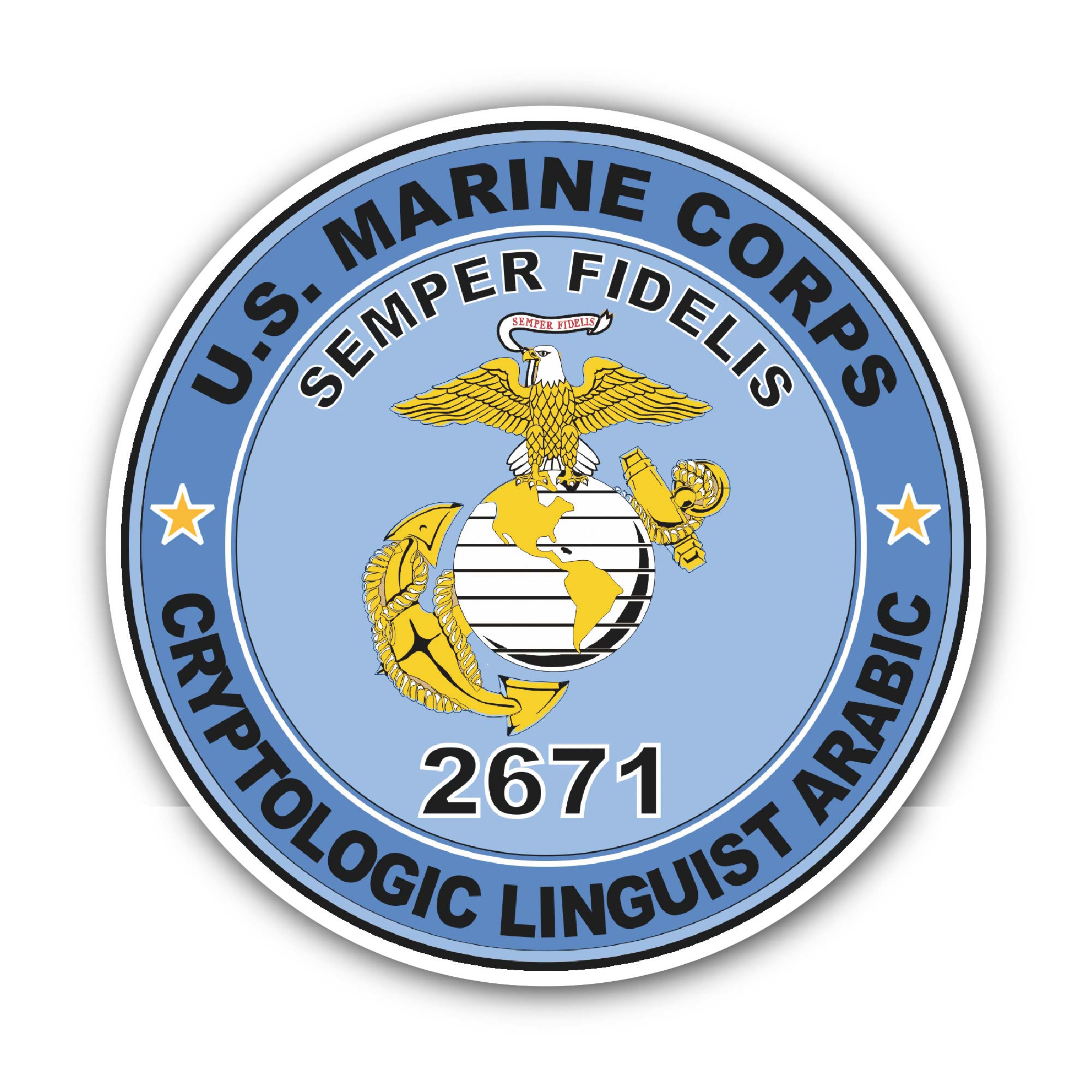 U.S.M.C. MOS 2671 Cryptologic Linguist Arabic Sticker, Waterproof Vinyl Decal Sticker Indoor Or Outdoor 2 (Pieces) 3" and 5"