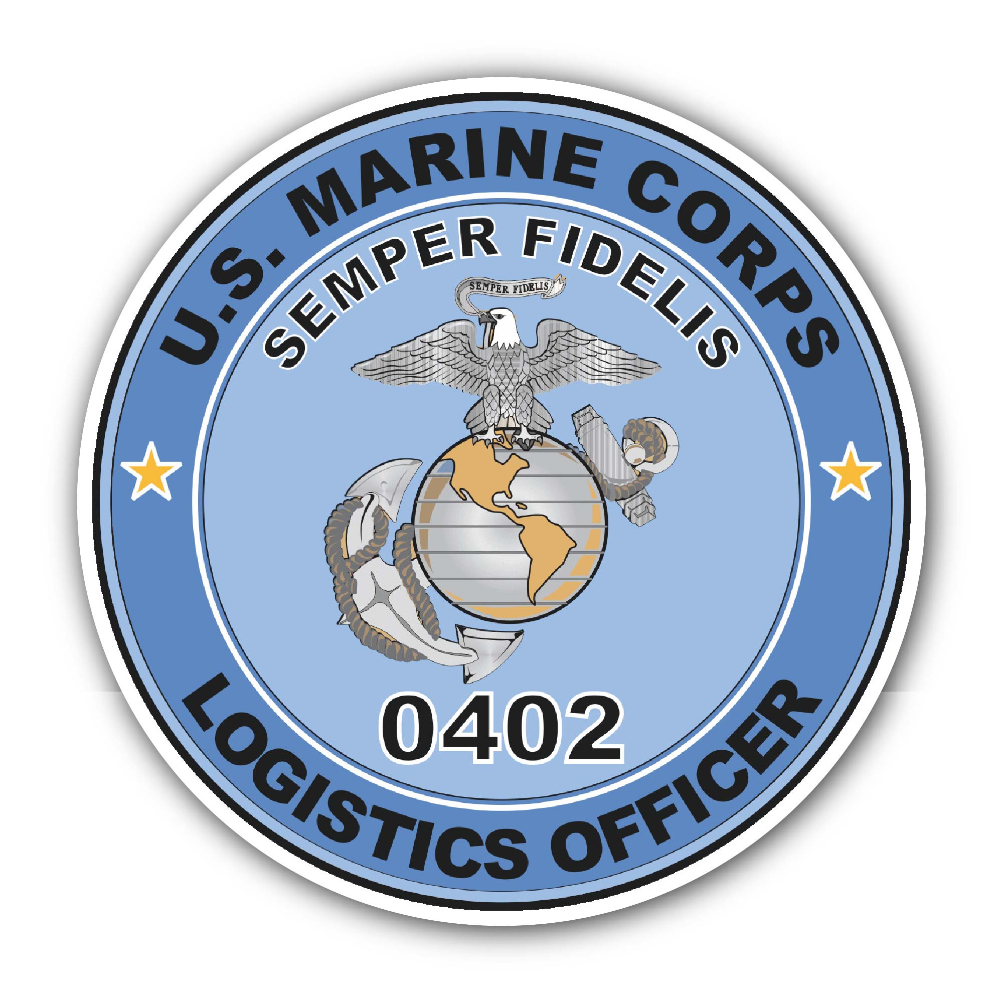 U.S.M.C. MOS 0402 Logistics Officer Sticker, Waterproof Vinyl Decal Sticker Indoor Or Outdoor 2 (Pieces) 3" and 5"