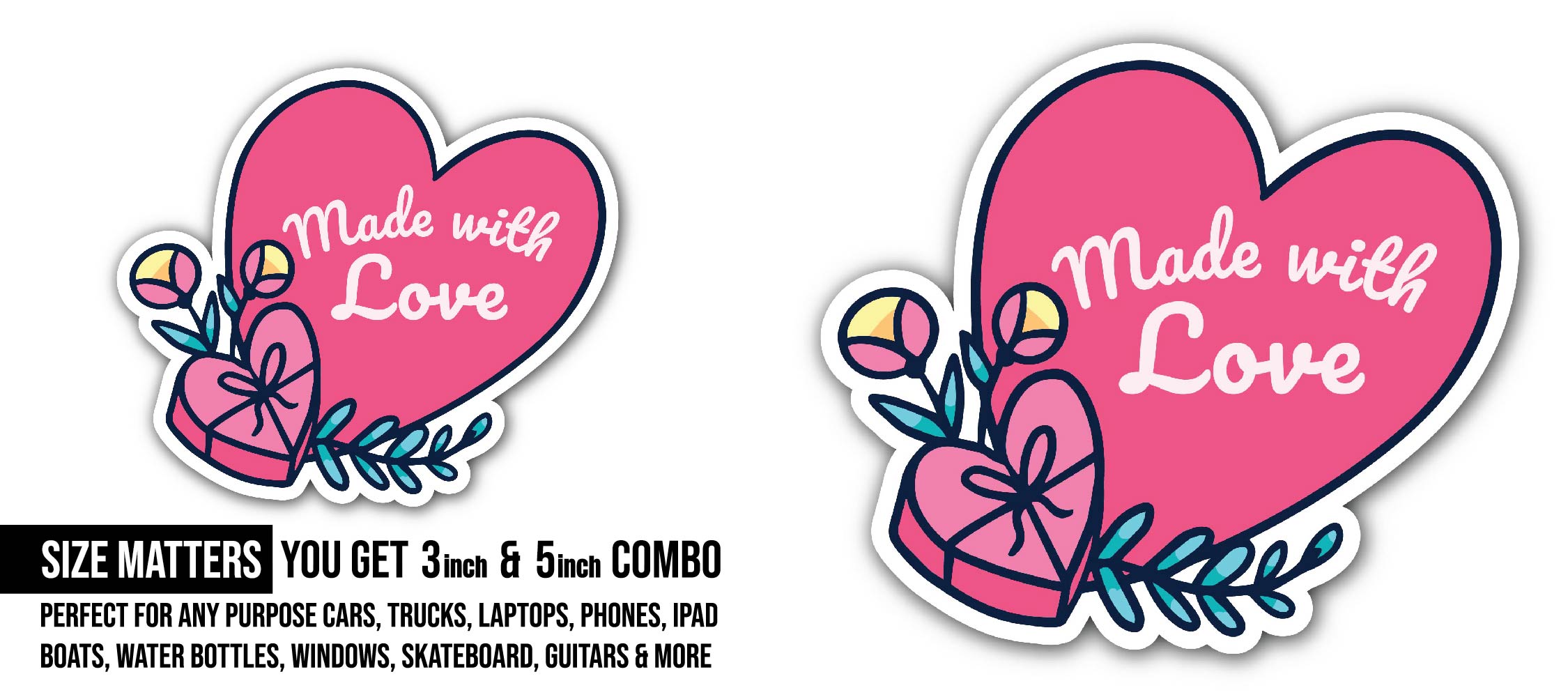 Gift Box & Made with Love Sticker, Waterproof Vinyl Decal Sticker Indoor Or Outdoor 2 (Pieces) 3" and 5"