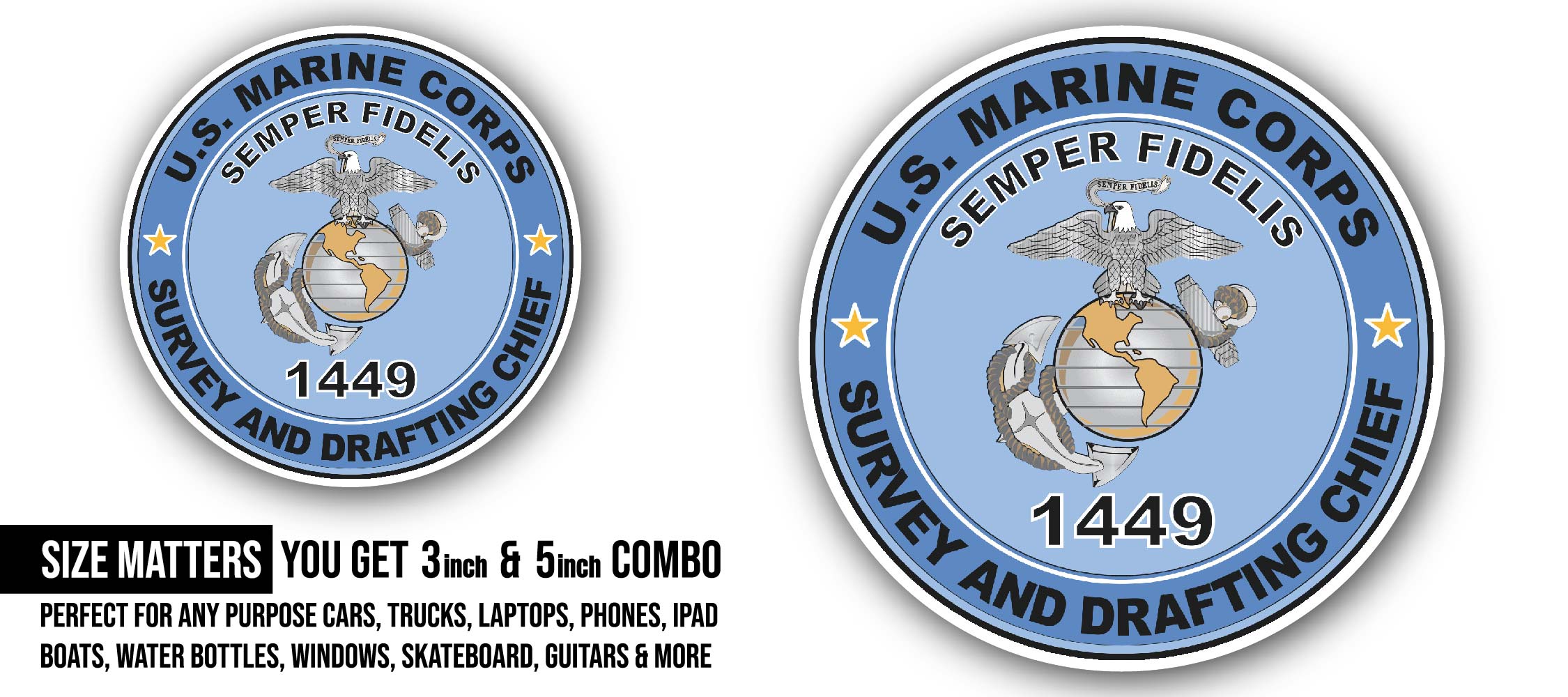 U.S.M.C. MOS 1449 Survey and Drafting Chief Sticker, Waterproof Vinyl Decal Sticker Indoor Or Outdoor 2 (Pieces) 3" and 5"