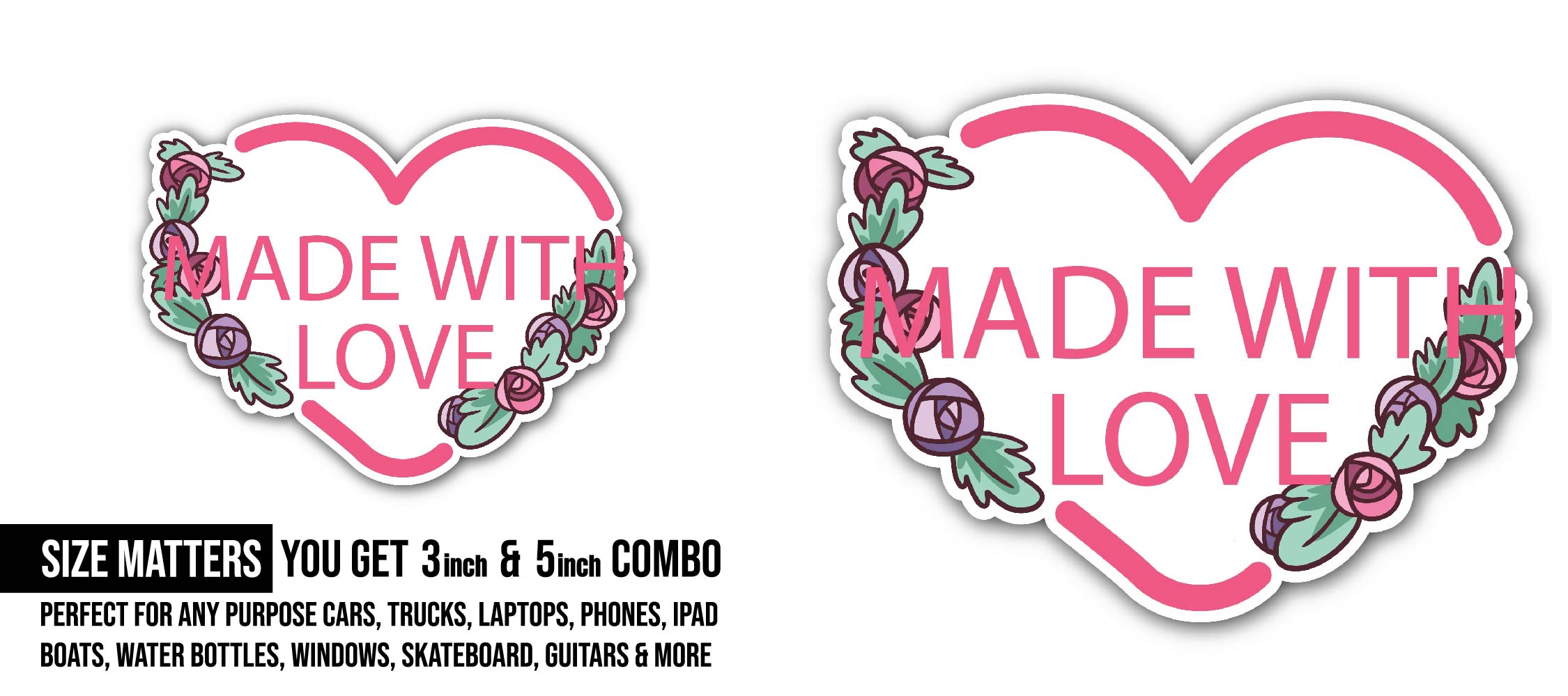 Heart Lock Made with Love Sticker, Waterproof Vinyl Decal Sticker Indoor Or Outdoor 2 (Pieces) 3" and 5"