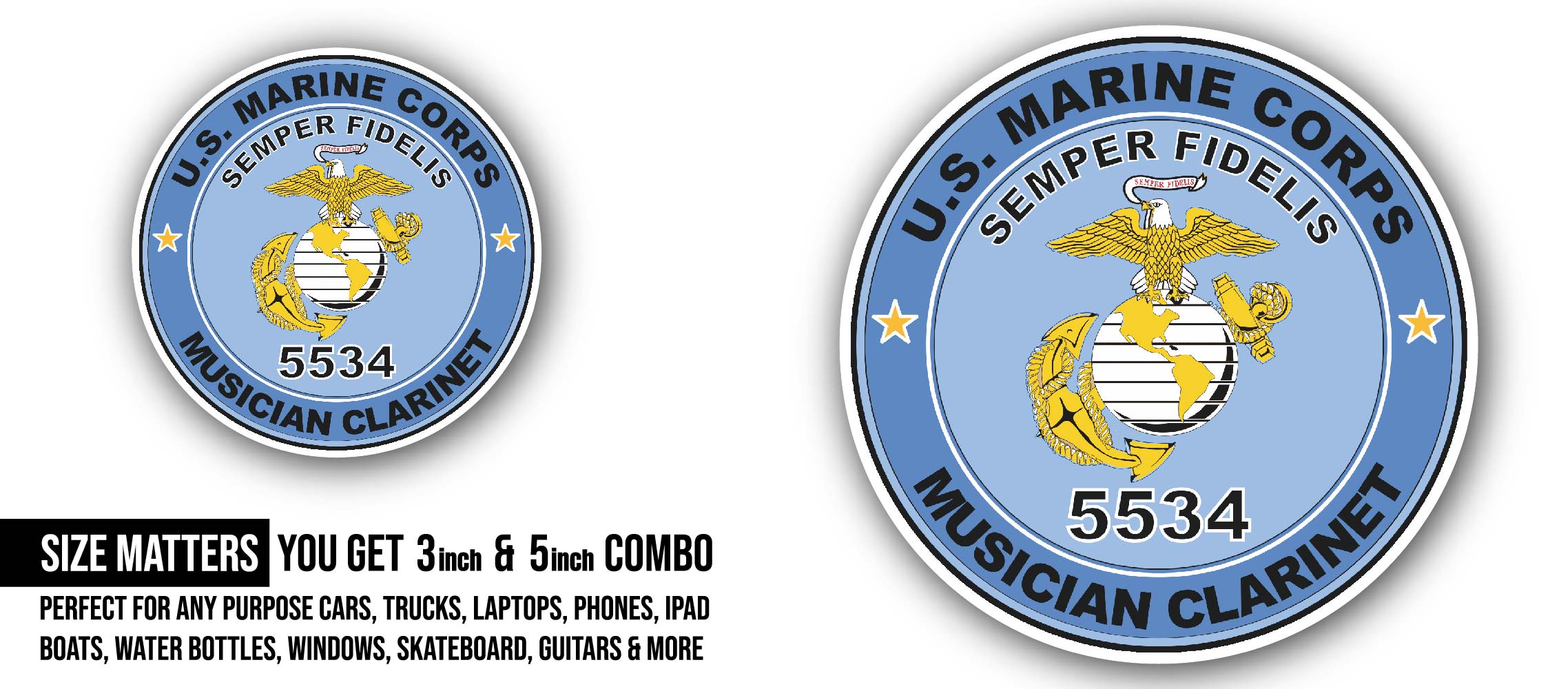 U.S.M.C. MOS 5534 Musician Clarinet Sticker, Waterproof Vinyl Decal Sticker Indoor Or Outdoor 2 (Pieces) 3" and 5"