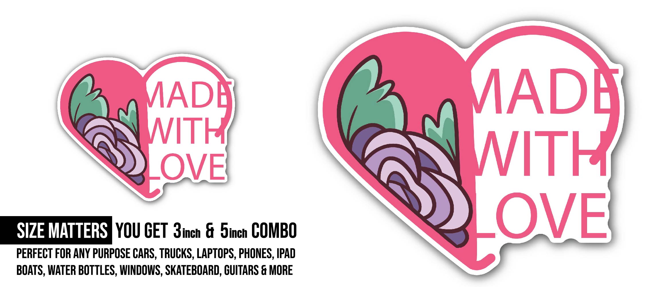 Made with Love & Heart Sticker, Waterproof Vinyl Decal Sticker Indoor Or Outdoor 2 (Pieces) 3" and 5"