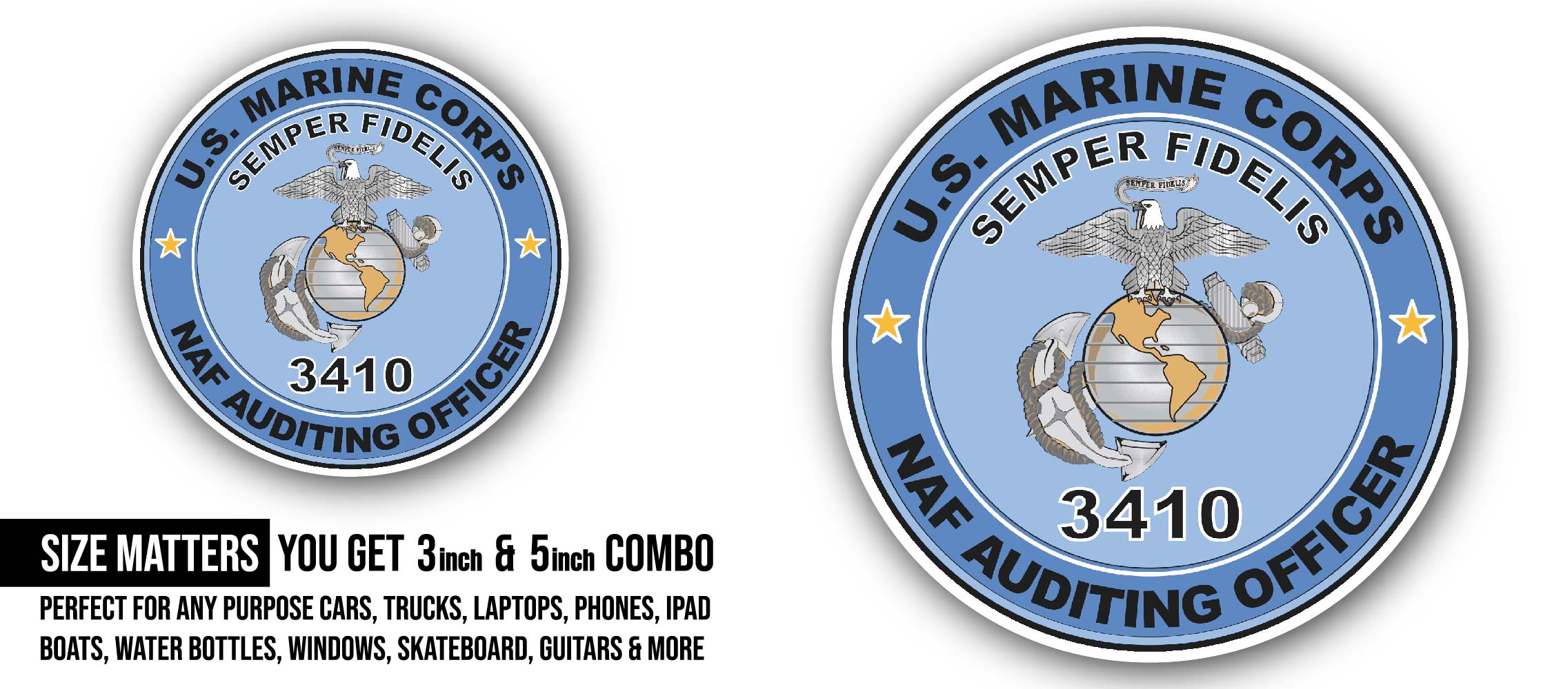U.S.M.C. MOS 3410 NAF Auditing Officer Sticker, Waterproof Vinyl Decal Sticker Indoor Or Outdoor 2 (Pieces) 3" and 5"