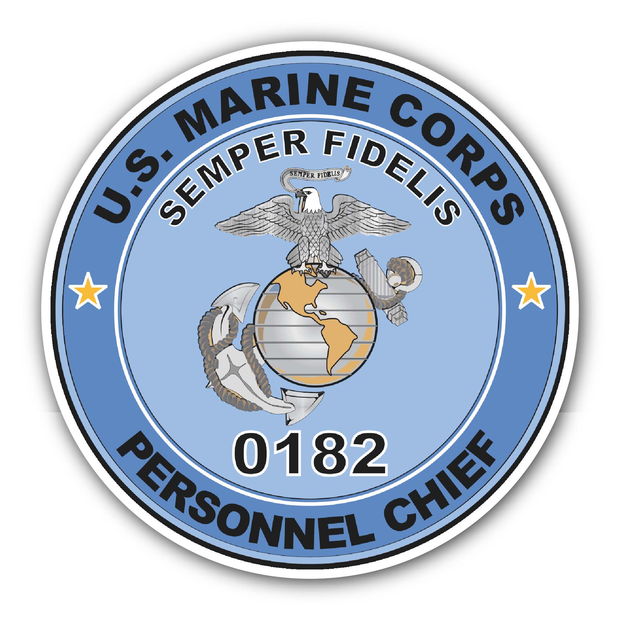 U.S.M.C. MOS 0182 Personnel Chief Sticker, Waterproof Vinyl Decal Sticker Indoor Or Outdoor 2 (Pieces) 3" and 5"