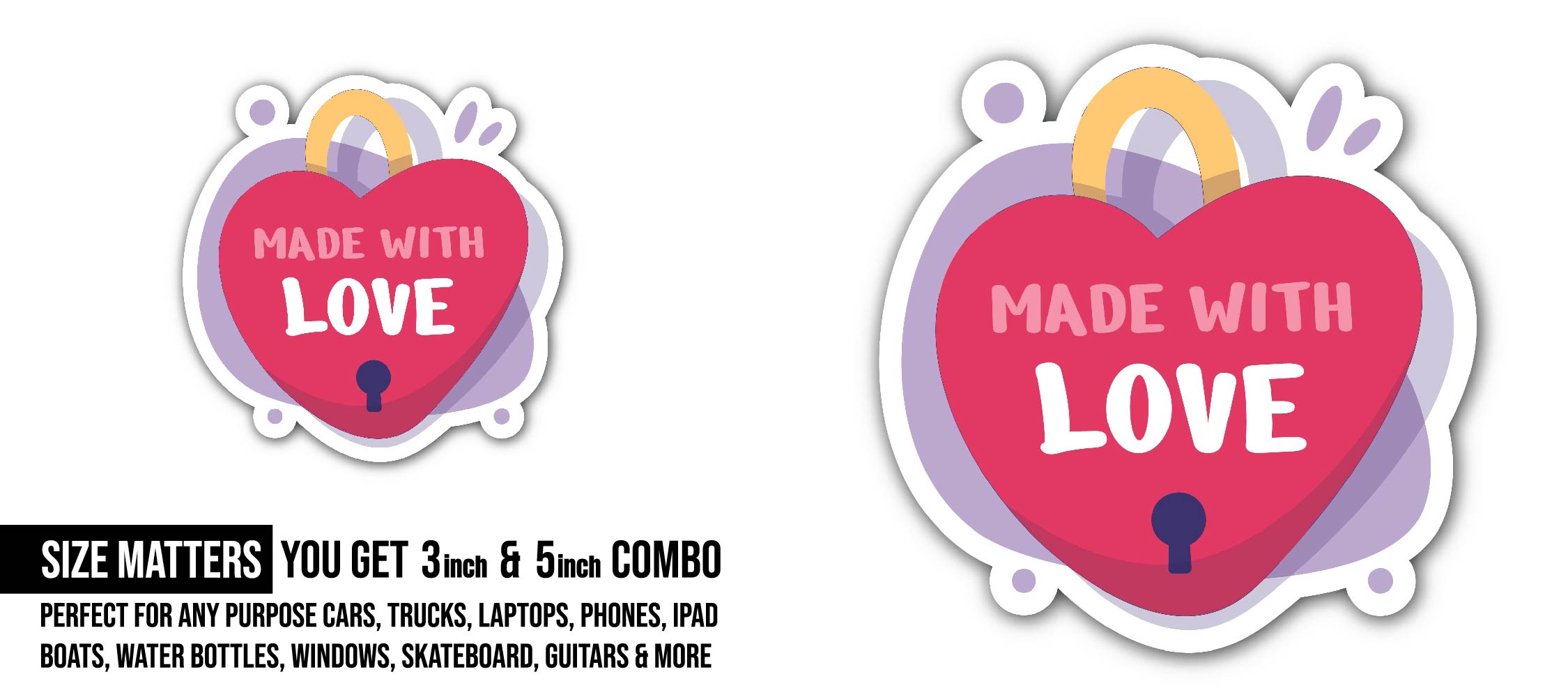 Heart Lock Made with Love Sticker, Waterproof Vinyl Decal Sticker Indoor Or Outdoor 2 (Pieces) 3" and 5"