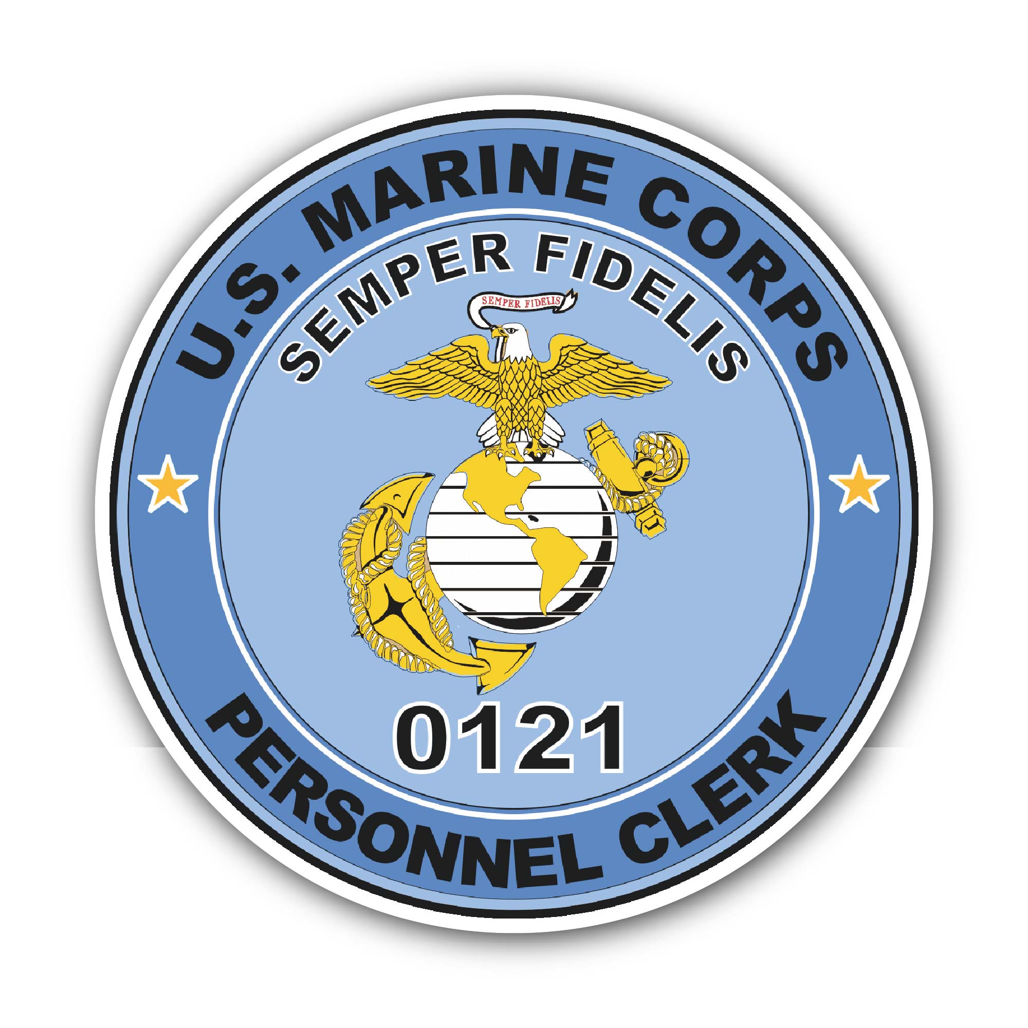 U.S.M.C. MOS 0121 Personnel Clerk Sticker, Waterproof Vinyl Decal Sticker Indoor Or Outdoor 2 (Pieces) 3" and 5"
