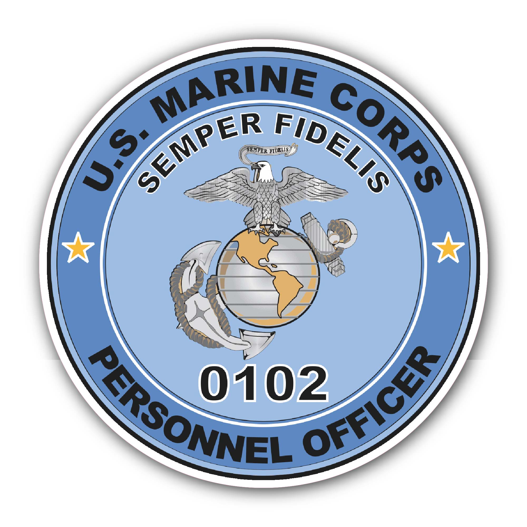 U.S.M.C. MOS 0102 Personnel Officer Sticker, Waterproof Vinyl Decal Sticker Indoor Or Outdoor 2 (Pieces) 3" and 5"