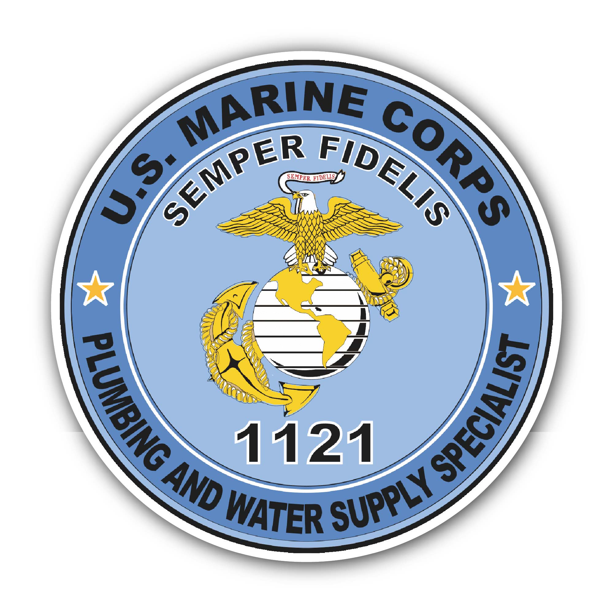 U.S.M.C. MOS 1121 Plumbing and Water Supply Specialist Sticker, Waterproof Vinyl Decal Sticker Indoor Or Outdoor 2 (Pieces) 3" and 5"