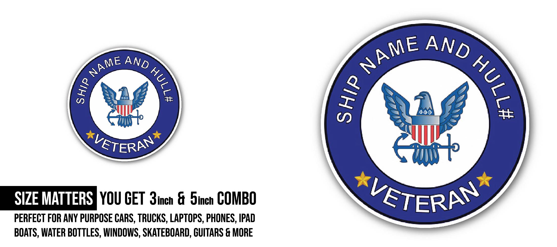 Custom U.S. Navy Ship Sticker, Waterproof Vinyl Decal Sticker Indoor Or Outdoor 2 (Pieces) 3" and 5"