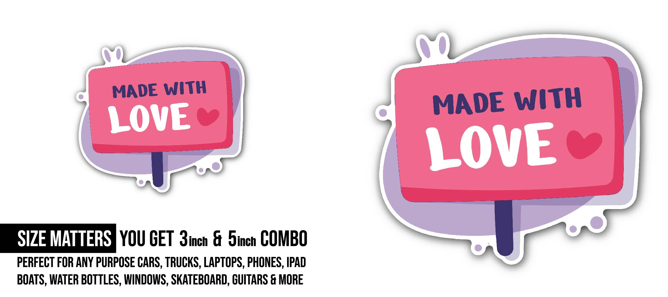 Made with Love Stamp Sticker, Waterproof Vinyl Decal Sticker Indoor Or Outdoor 2 (Pieces) 3" and 5"