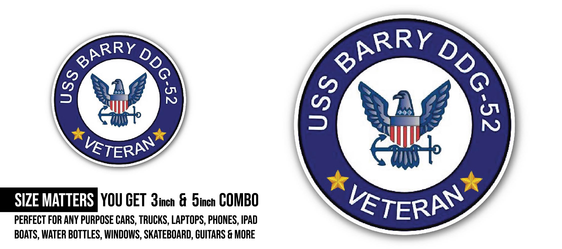 USS Barry DDG-52 Veteran Sticker, Waterproof Vinyl Decal Sticker Indoor Or Outdoor 2 (Pieces) 3" and 5"