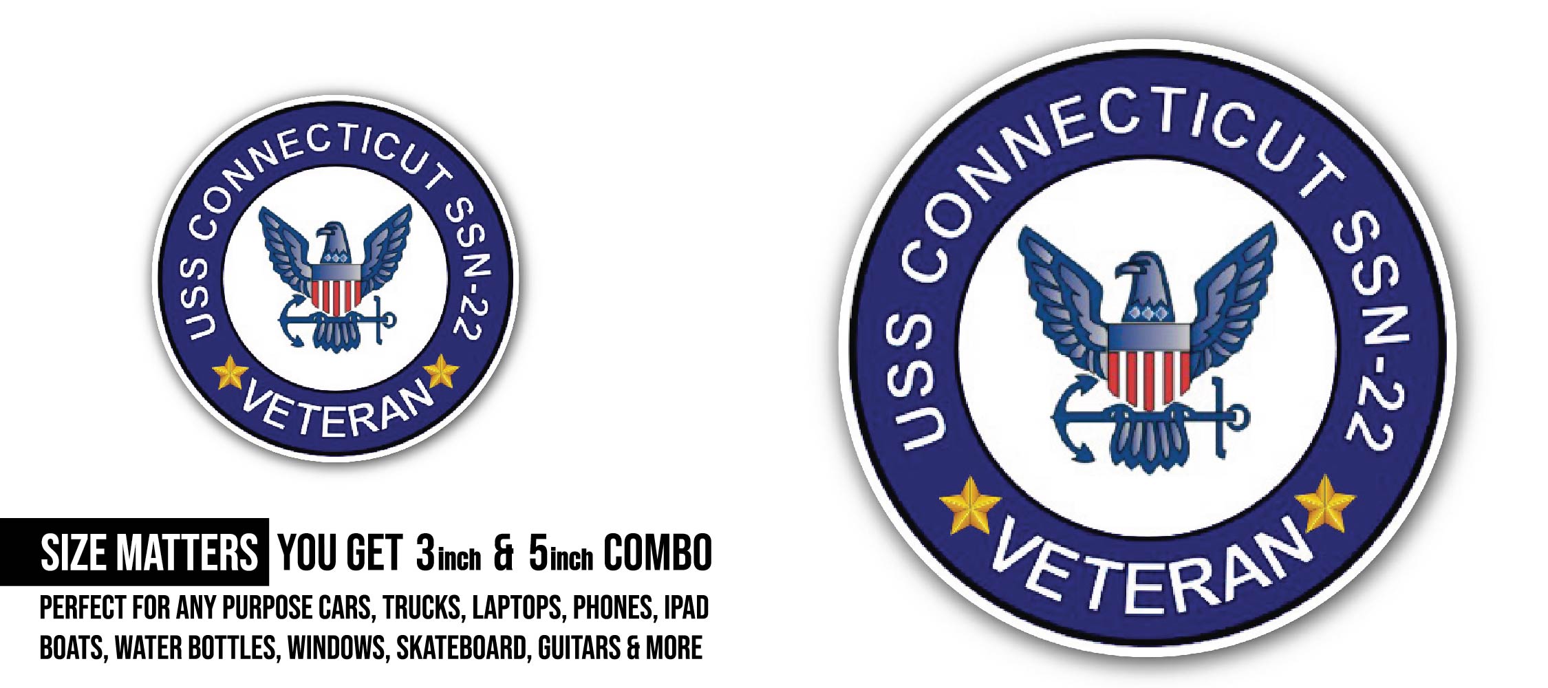 USS Connecticut SSN-22 Veteran Sticker, Waterproof Vinyl Decal Sticker Indoor Or Outdoor 2 (Pieces) 3" and 5"