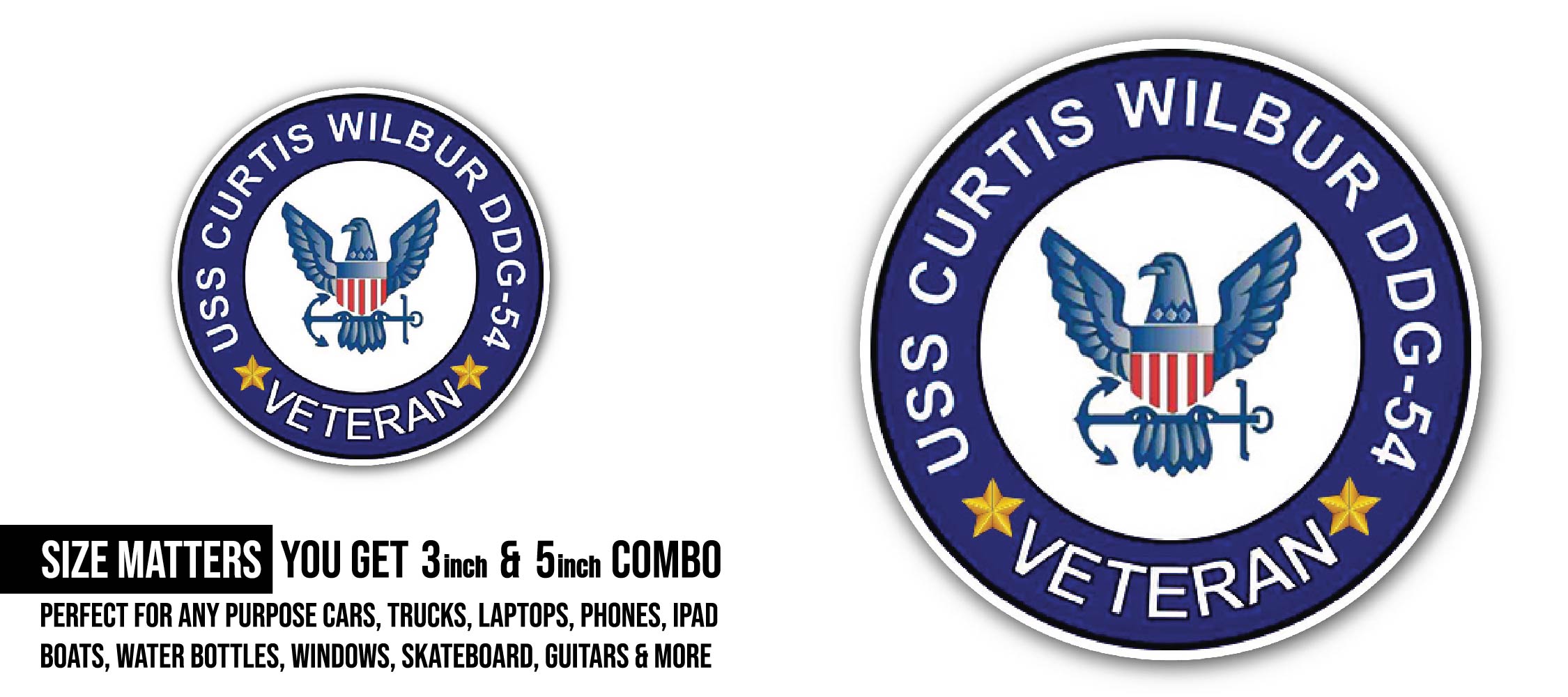 USS Curtis Wilbur DDG-54 Veteran Sticker, Waterproof Vinyl Decal Sticker Indoor Or Outdoor 2 (Pieces) 3" and 5"