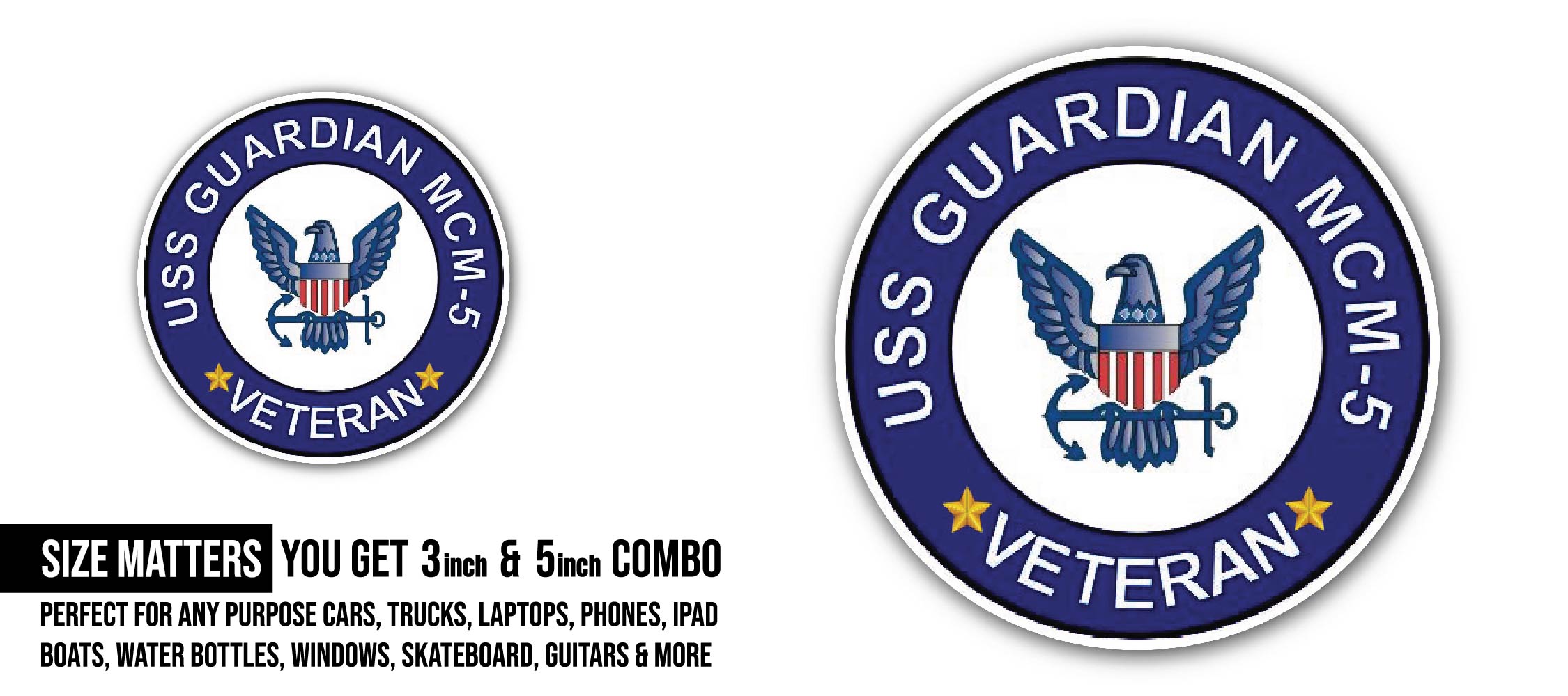 USS Guardian MCM-5 Veteran Sticker, Waterproof Vinyl Decal Sticker Indoor Or Outdoor 2 (Pieces) 3" and 5"