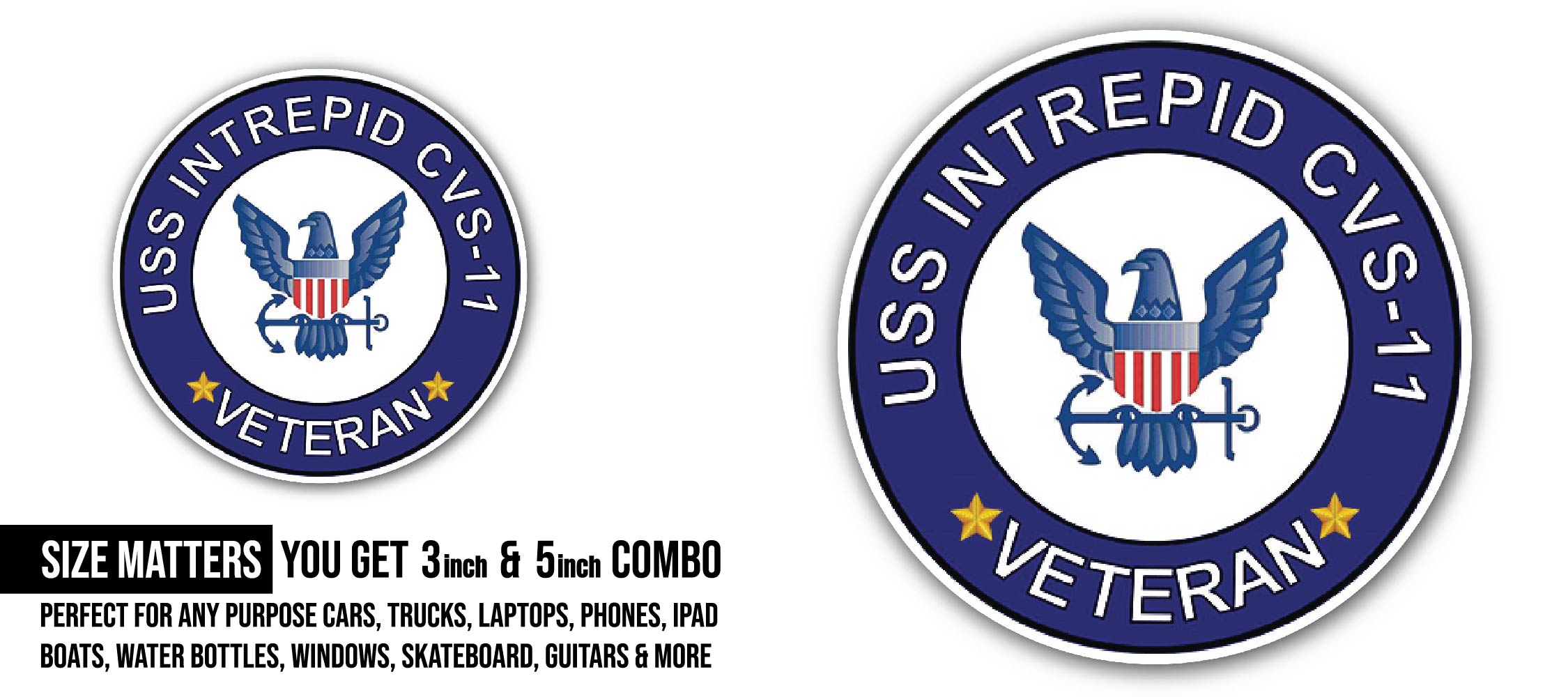 USS Intrepid CVS-11 Veteran Sticker, Waterproof Vinyl Decal Sticker Indoor Or Outdoor 2 (Pieces) 3" and 5"