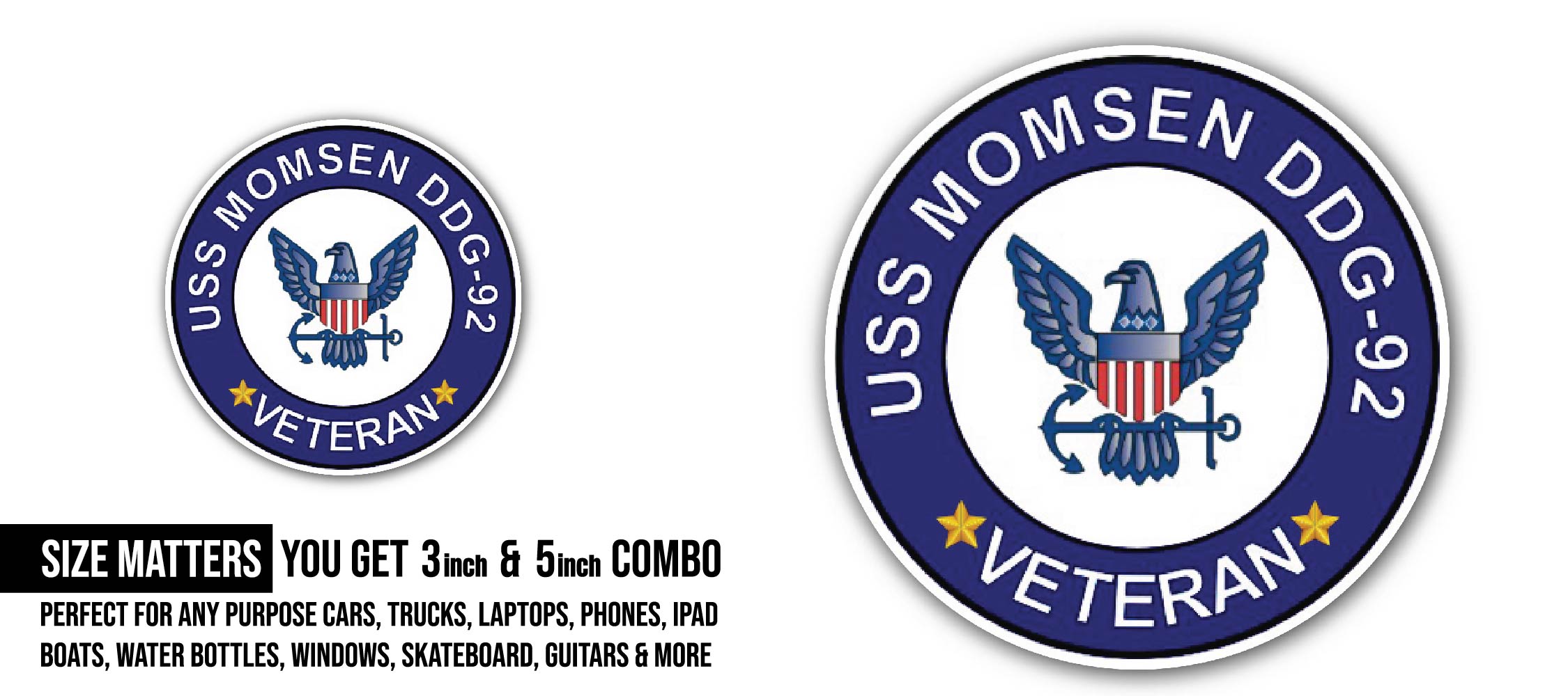 USS Momsen DDG-92 Veteran Sticker, Waterproof Vinyl Decal Sticker Indoor Or Outdoor 2 (Pieces) 3" and 5"