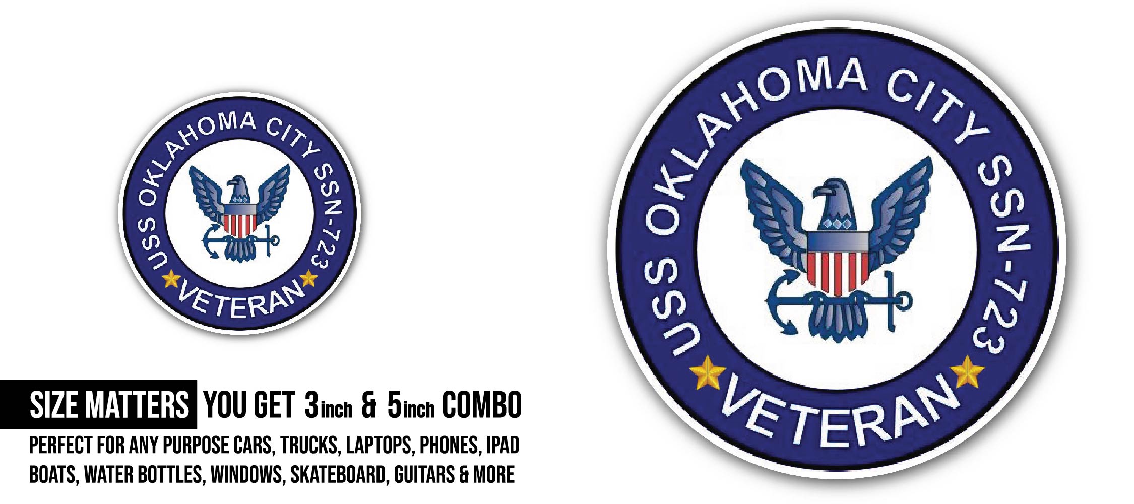 USS Oklahoma City SSN-723 Veteran Sticker, Waterproof Vinyl Decal Sticker Indoor Or Outdoor 2 (Pieces) 3" and 5"