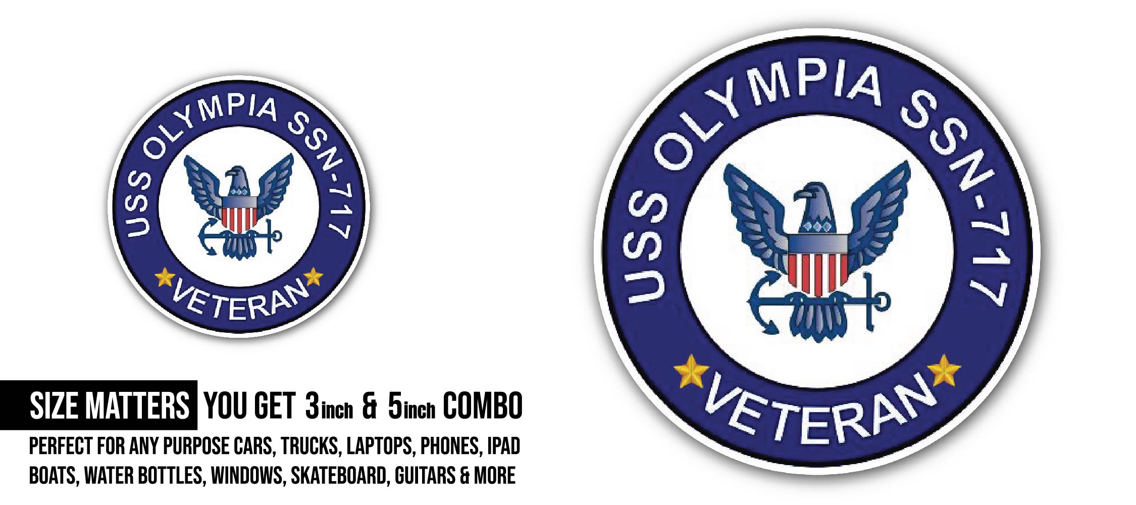 USS Olympia SSN-717 Veteran Sticker, Waterproof Vinyl Decal Sticker Indoor Or Outdoor 2 (Pieces) 3" and 5"