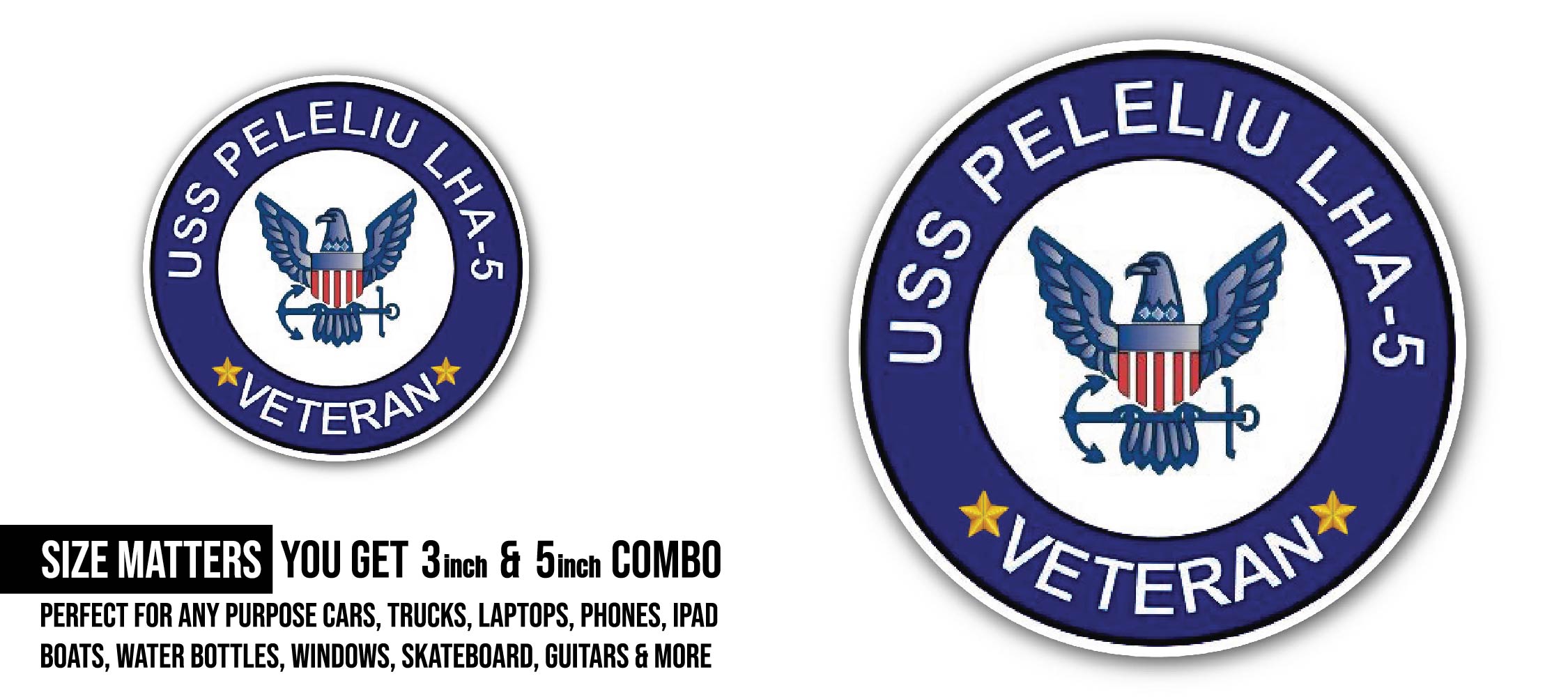 USS Peleliu LHA-5 Veteran Sticker, Waterproof Vinyl Decal Sticker Indoor Or Outdoor 2 (Pieces) 3" and 5"