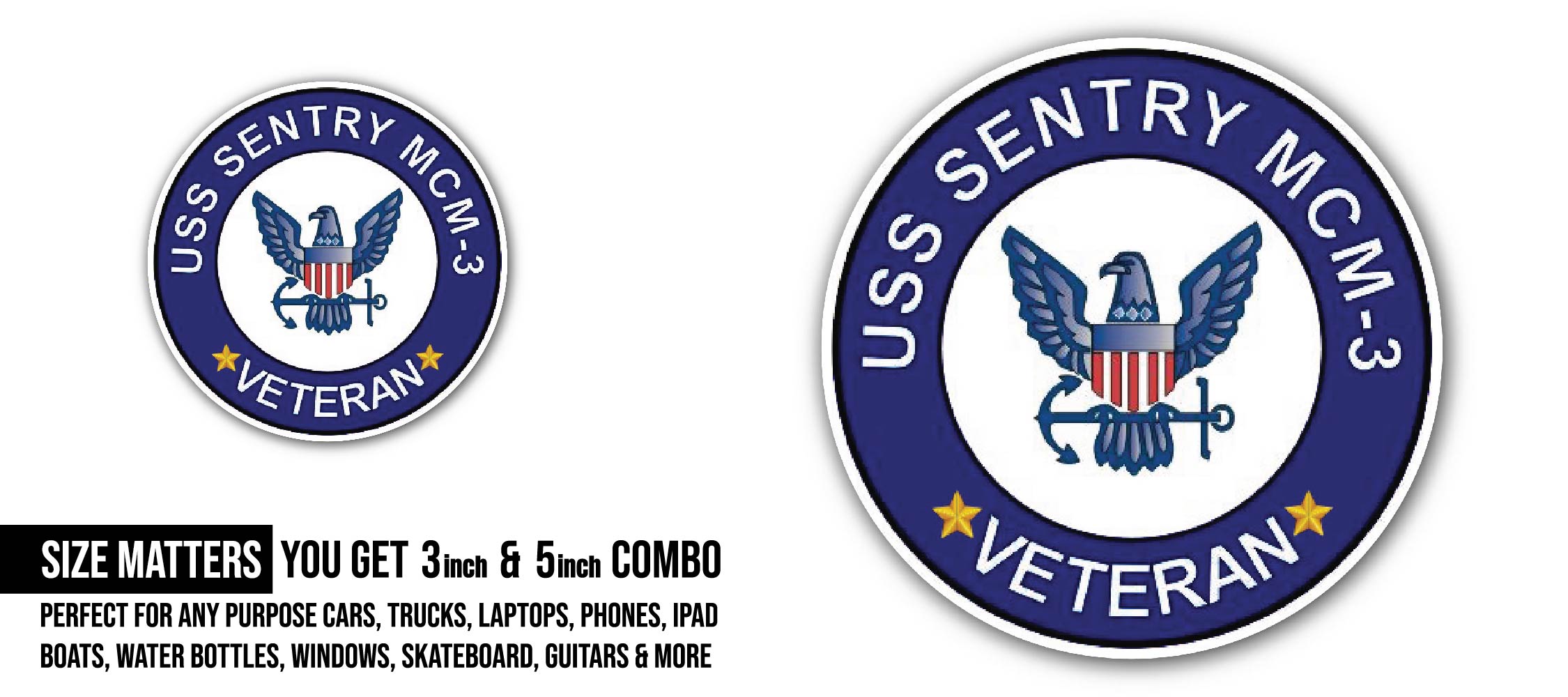 USS Sentry MCM-3 Veteran Sticker, Waterproof Vinyl Decal Sticker Indoor Or Outdoor 2 (Pieces) 3" and 5"