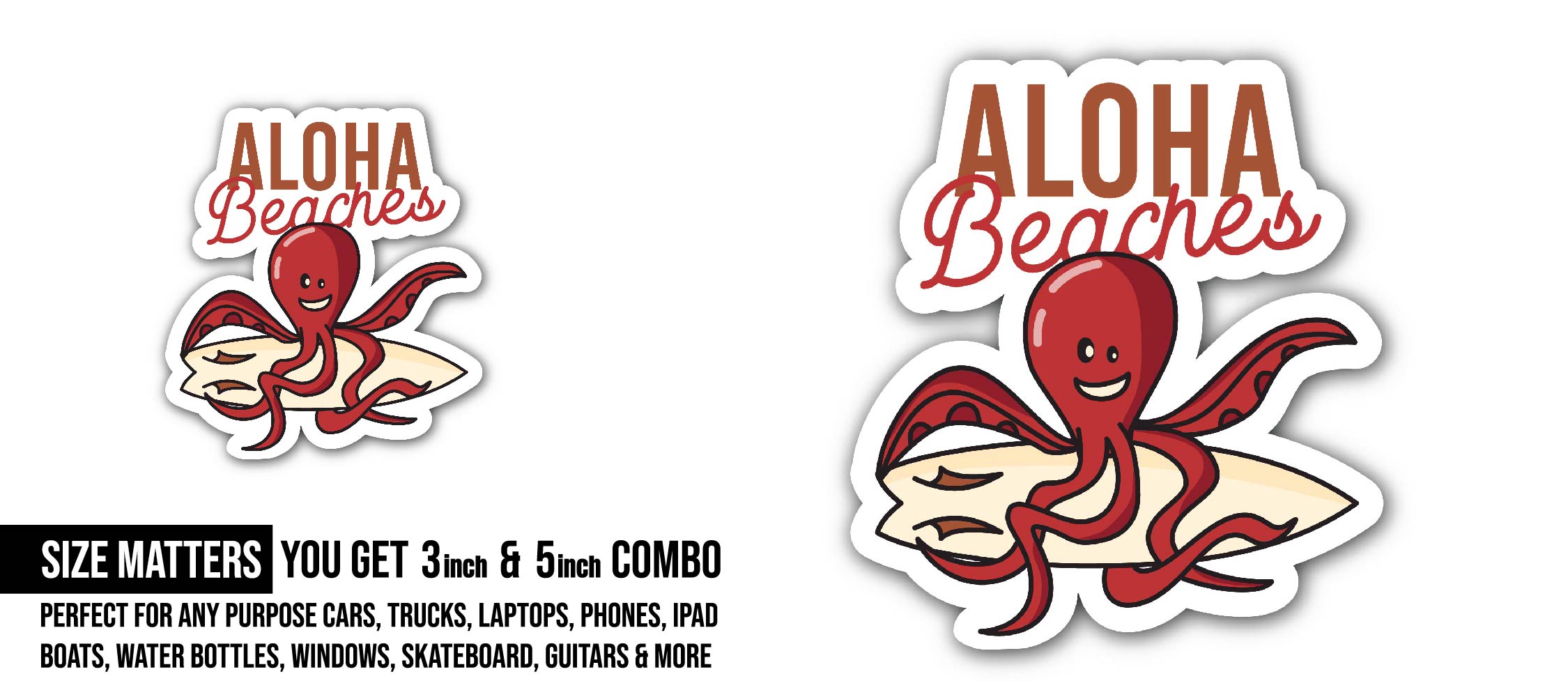 Aloha Beaches Sticker, Waterproof Vinyl Decal Sticker Indoor Or Outdoor 2 (Pieces) 3" and 5"